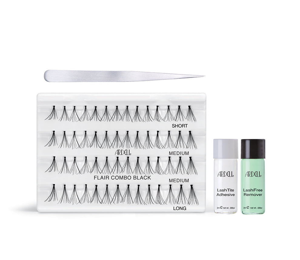 Lash Individuals Starter Kit contents featuring false lashes, LashTite adhesive, LashFree remover, & tweezers