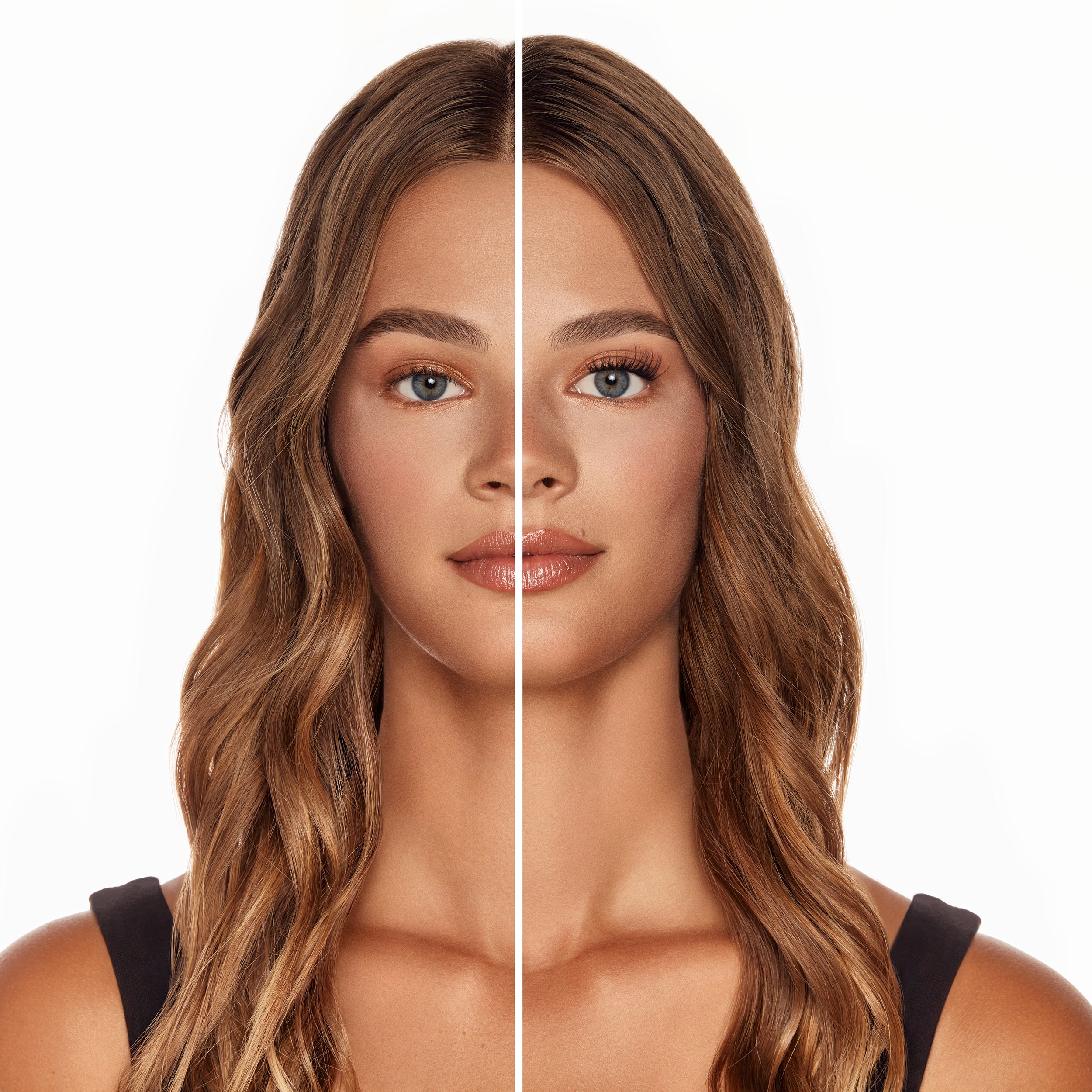 Before and after comparison of Seamless Underlash Extensions Fauxmink on Model with Almond shaped eyes