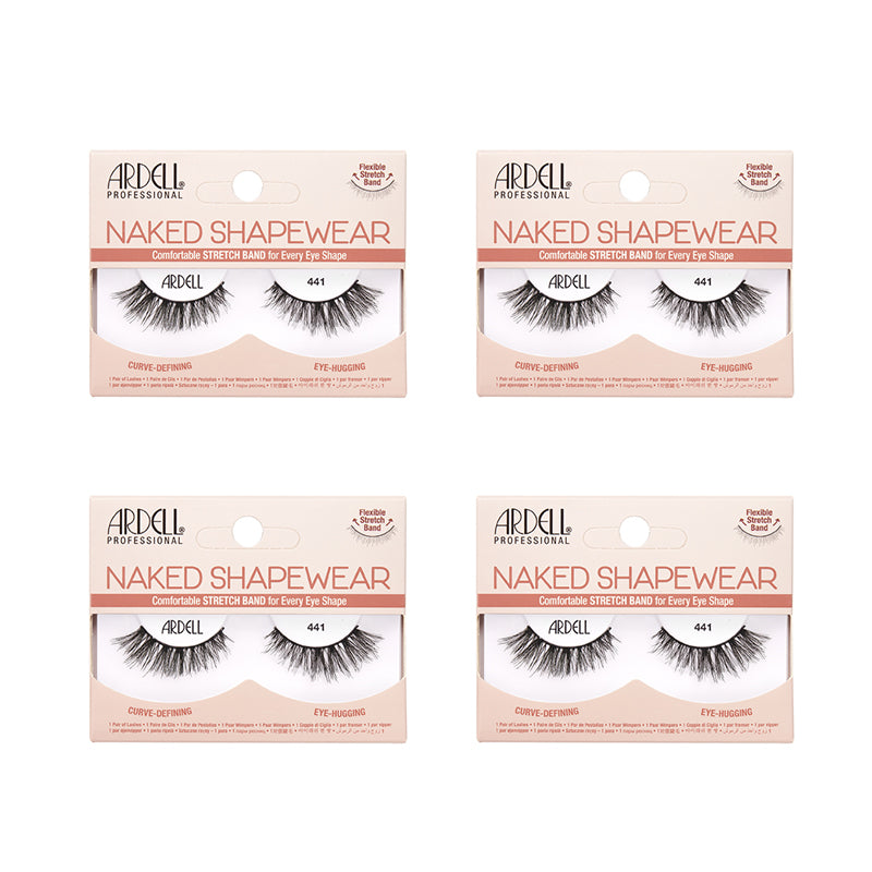 Four packages of Ardell Naked Shapewear false eyelashes on a white background