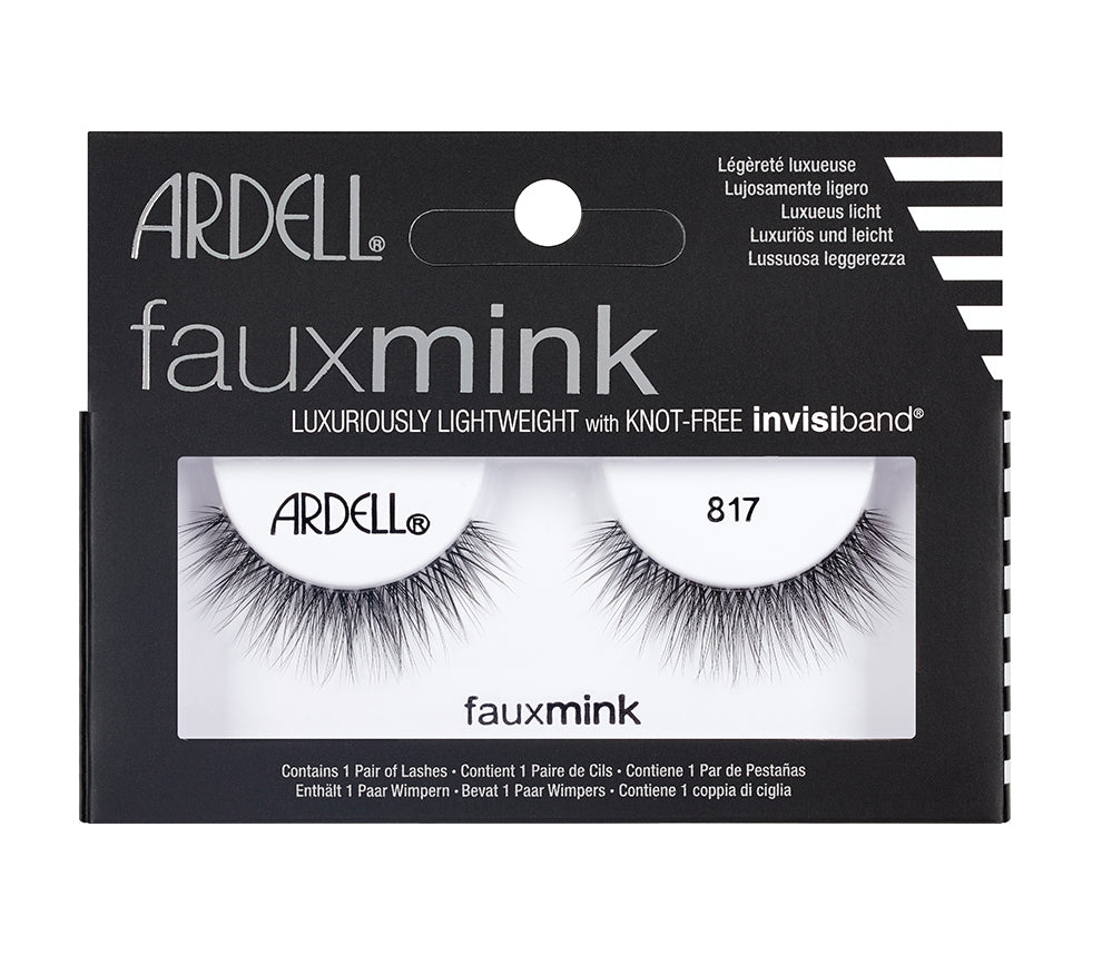 A single pair of Ardell 3D Faux mink 817 in its retail packaging with some features written on it