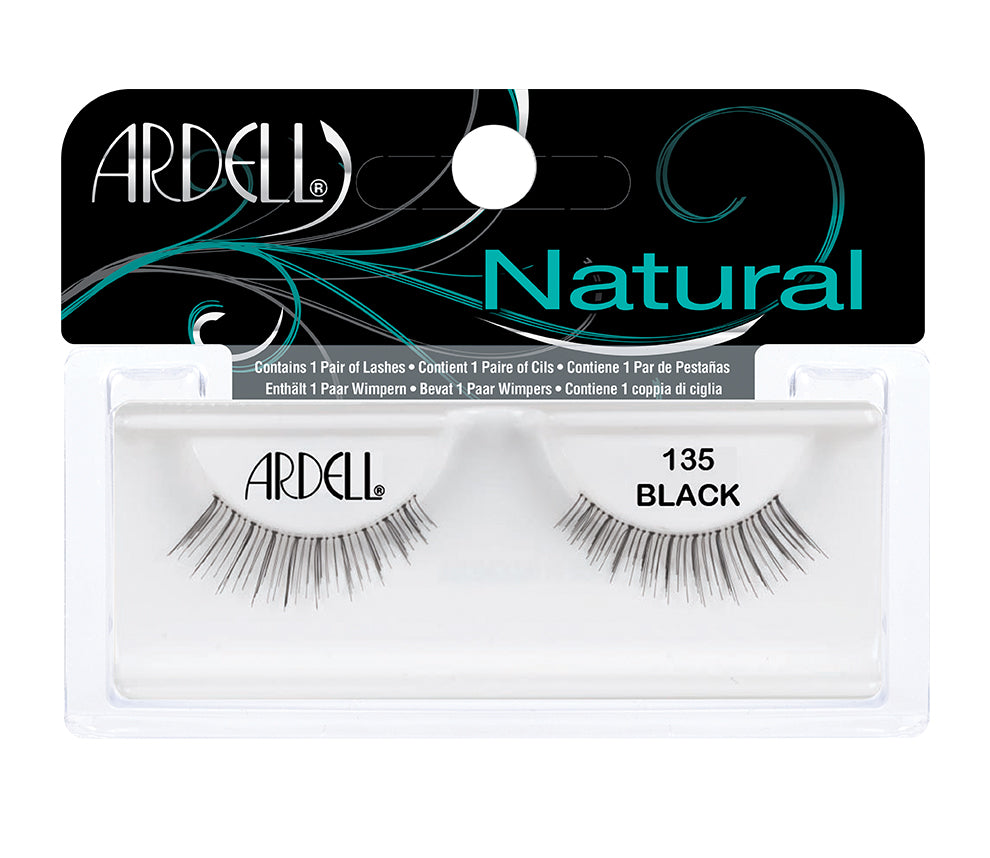 Front view of an Ardell Natural 135 faux lashes set in complete retail wall hook packaging
