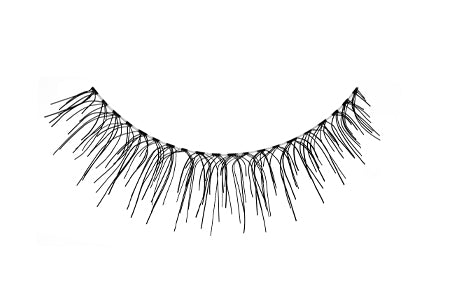 A closeup shot of Ardell Self Adhesive 110 for the right eye showing its light volume and short staggered length