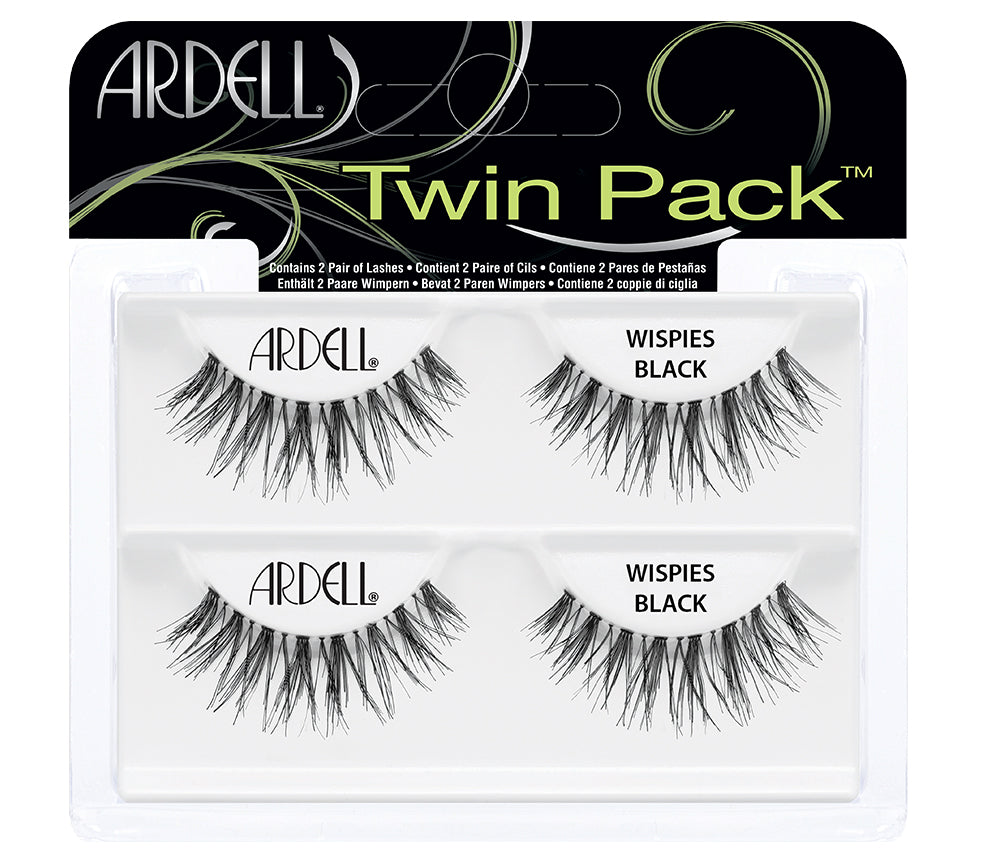 Ardell Wispies showing its rounded lash style that is shorter at the inner and outer corner in sealed 2-packs