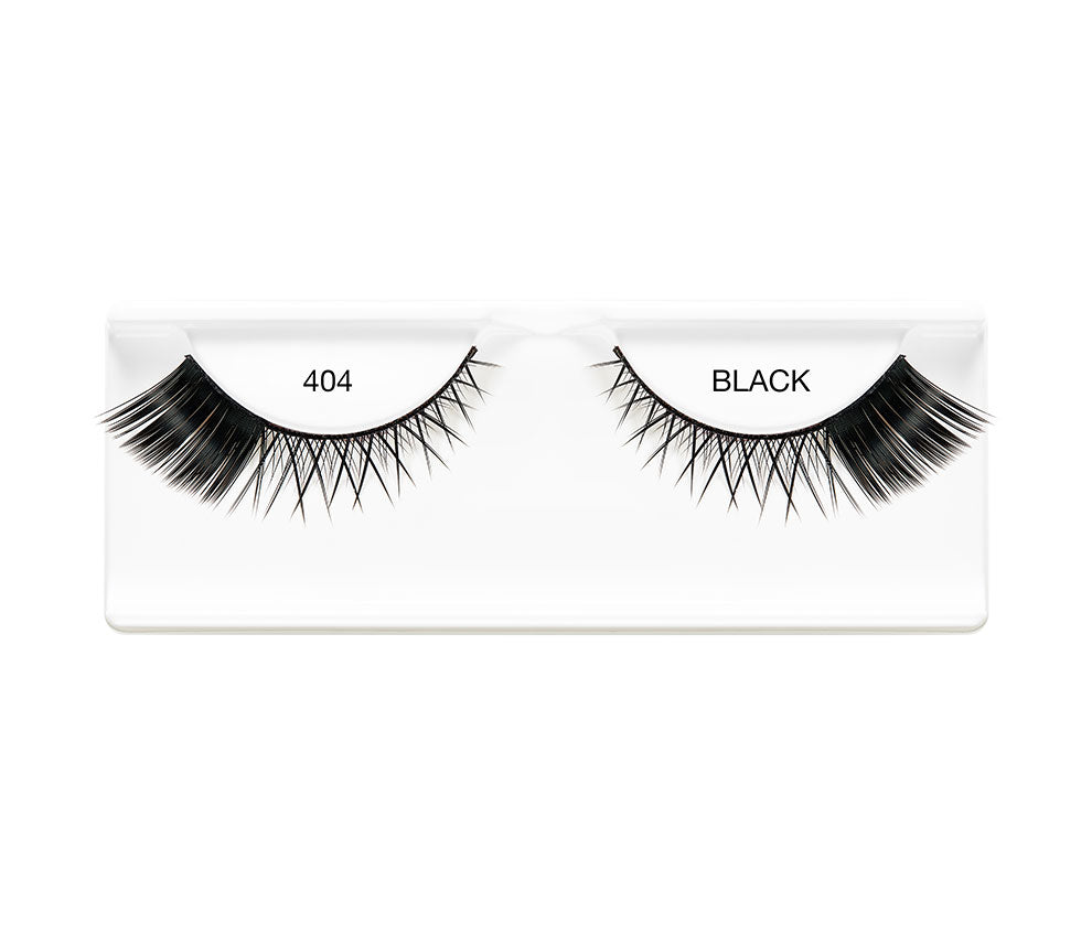 Pair of Ardell Edgy Lash 404 faux lashes in inner plastic packaging labeled "Ardell" & "404 Black"