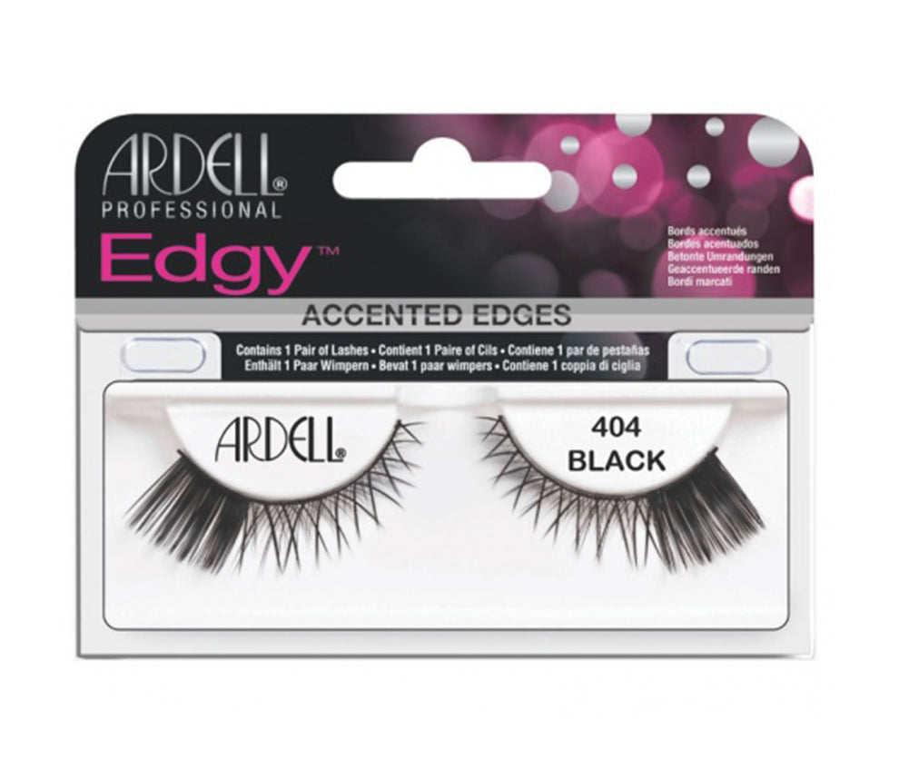 Front view of an Ardell Edgy Lash 404 false lashes set in complete retail wall hook packaging