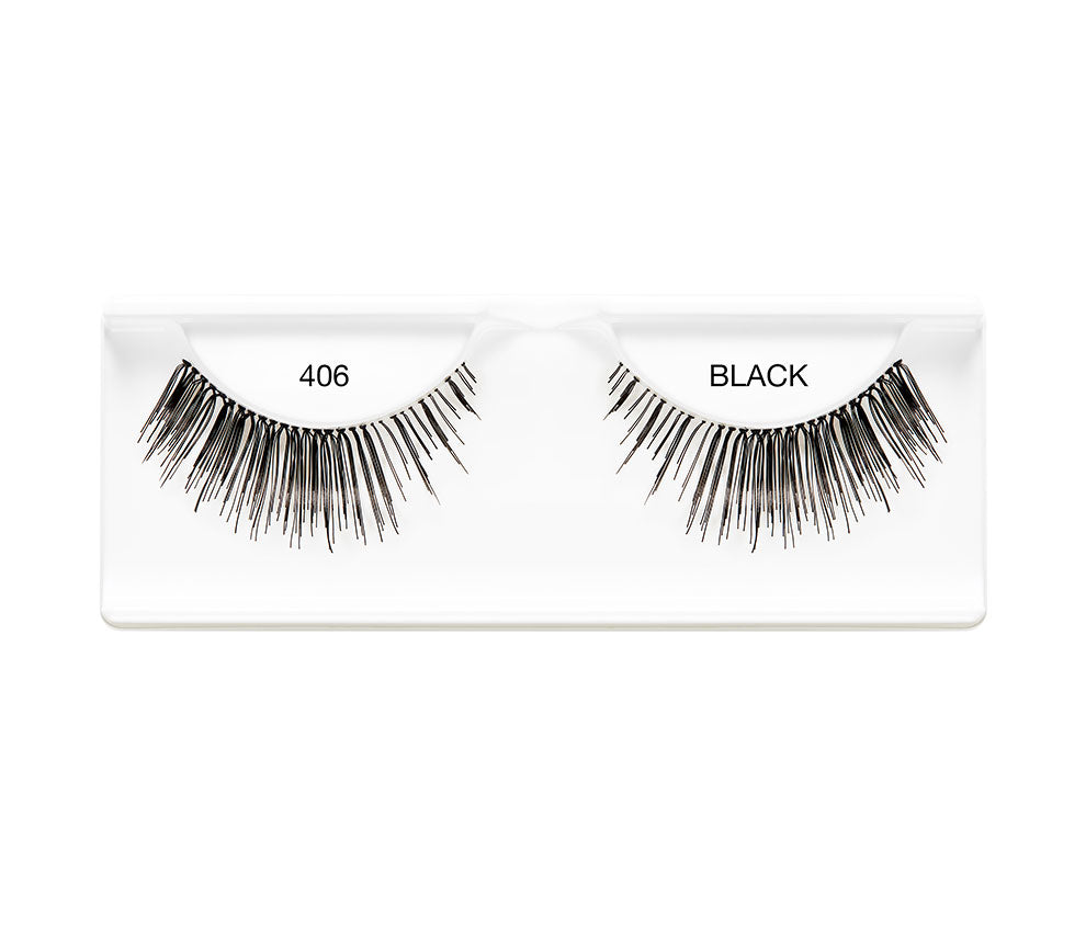 Pair of Ardell Edgy Lash 406 faux lashes in inner plastic packaging labeled "Ardell" & "406 Black"