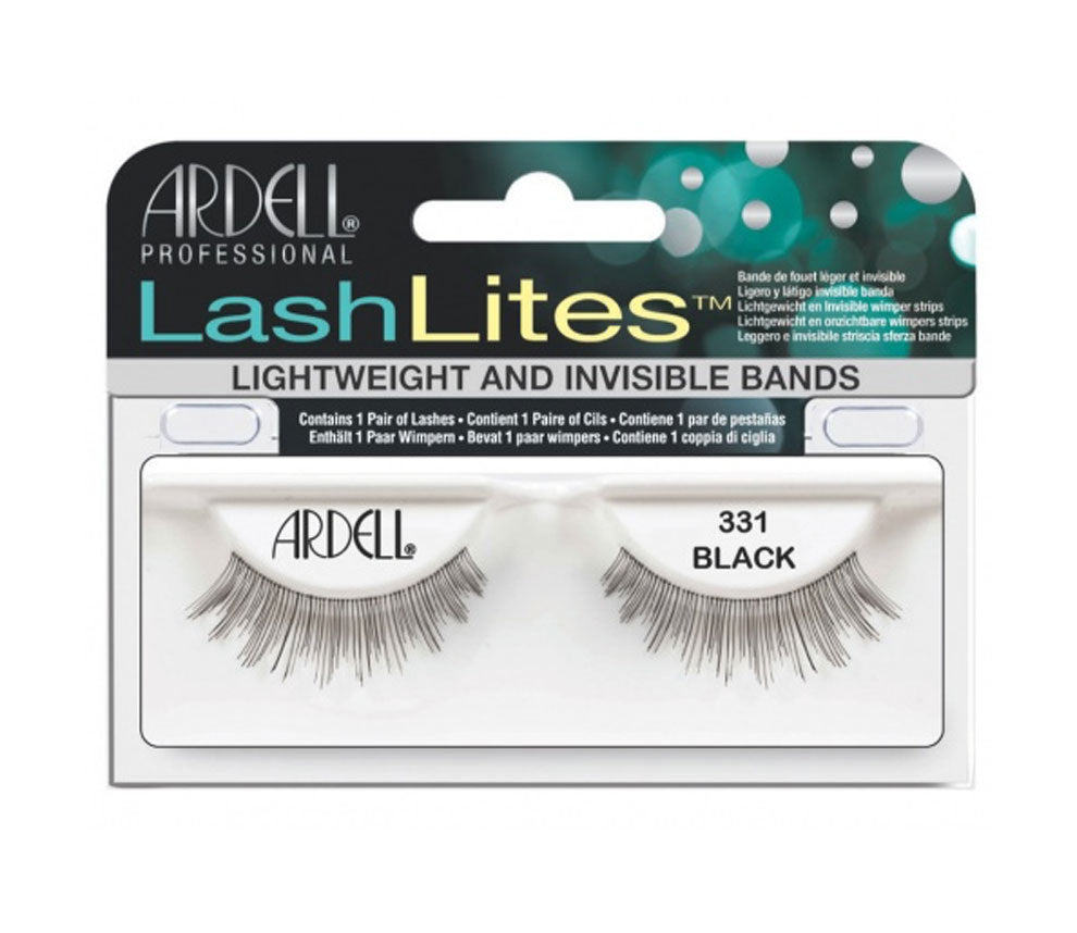 Front view of an Ardell Lash Lites 331 false lashes set in complete retail wall hook packaging