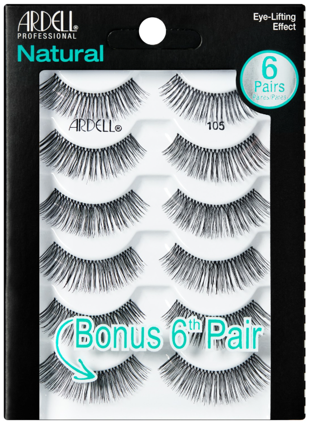 Ardell Natural Lashes 105 Black 6-Pack – Multi-pack of 105 lashes with eye-lifting effect; lightweight and perfect for daily use.