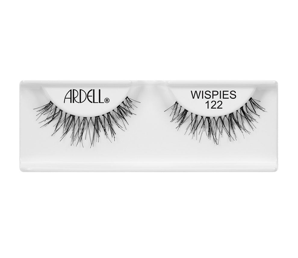 A single pair of Ardell Wispies 122 was placed on its inner container with some texts on it