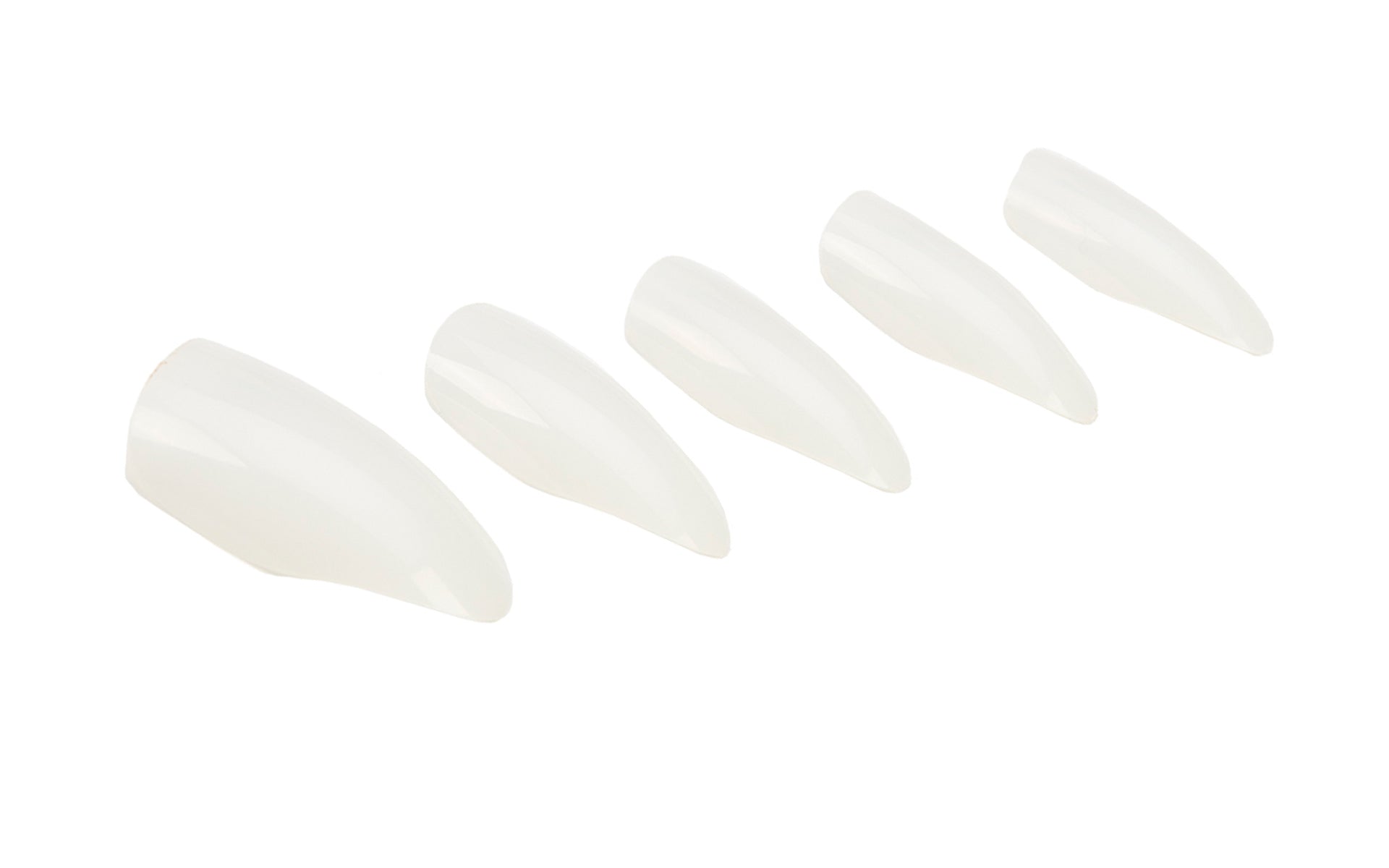 A set of Ardell Nail Addict Premium Artificial Nail with Clear Natural color in stiletto shape laid down in 45 degree angle