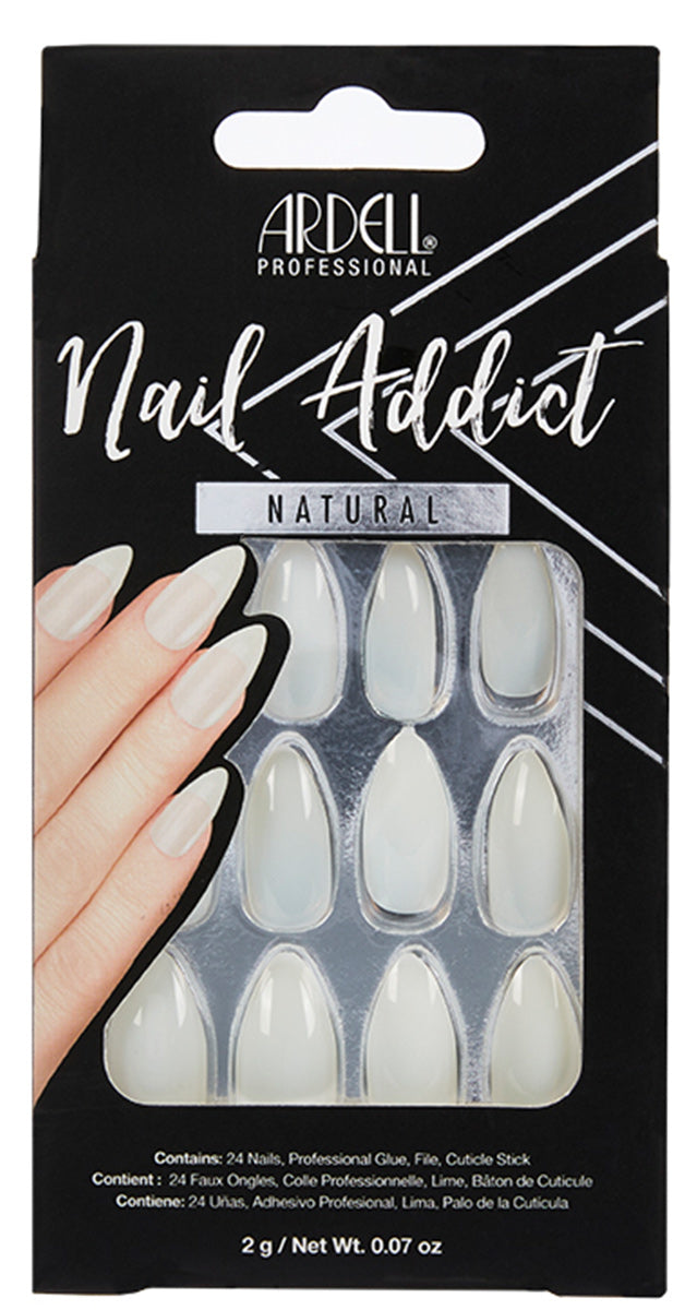 A frontage look of Ardell Nail Addict Premium Artificial Nail in Natural Stiletto variant with a wall hook ready packaging
