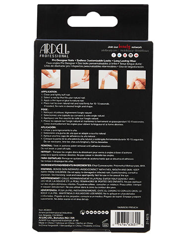 Ardell Nail Addict Artificial Nail with Rainbow french Tips wall hook ready packaging back view with labeled detail