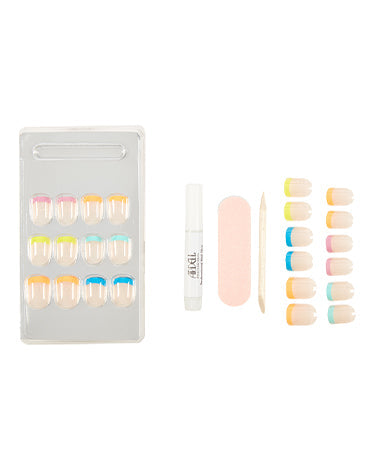 laid down separately a complete set with tools of Ardell Nail Addict Artificial Nail in Rainbow french Tips variant