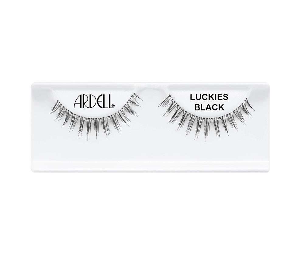 Pair of Ardell Luckies Lash faux lashes in inner packaging labeled "Ardell" & "Luckies Black"