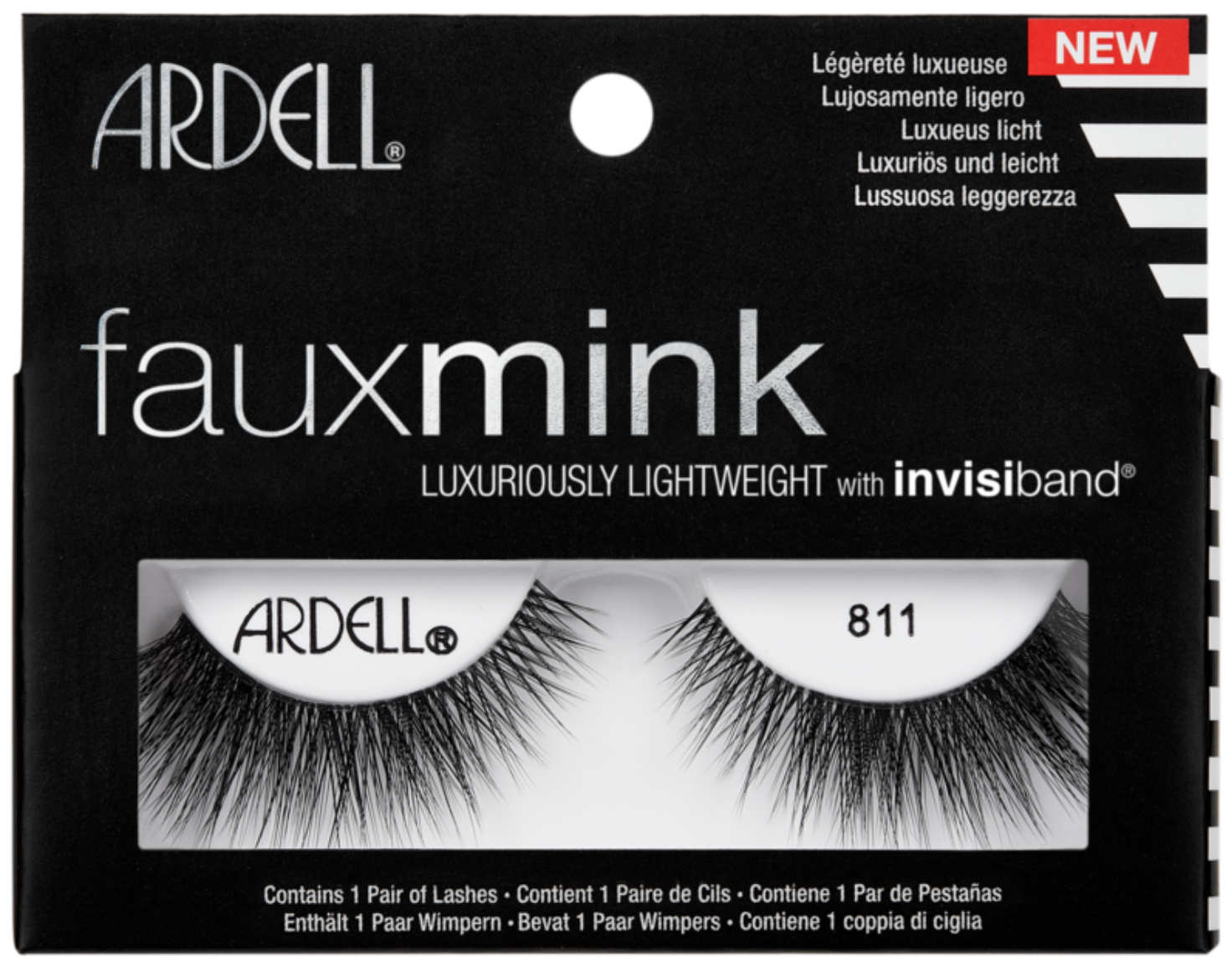 Ardell Faux Mink Lashes 811 with Invisiband in sleek black packaging, luxuriously lightweight for soft, natural volume.
