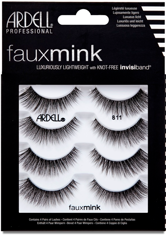 Ardell Faux Mink Lash Multipack 811 with Knot-Free Invisiband, includes four pairs of lightweight, natural-looking lashes.