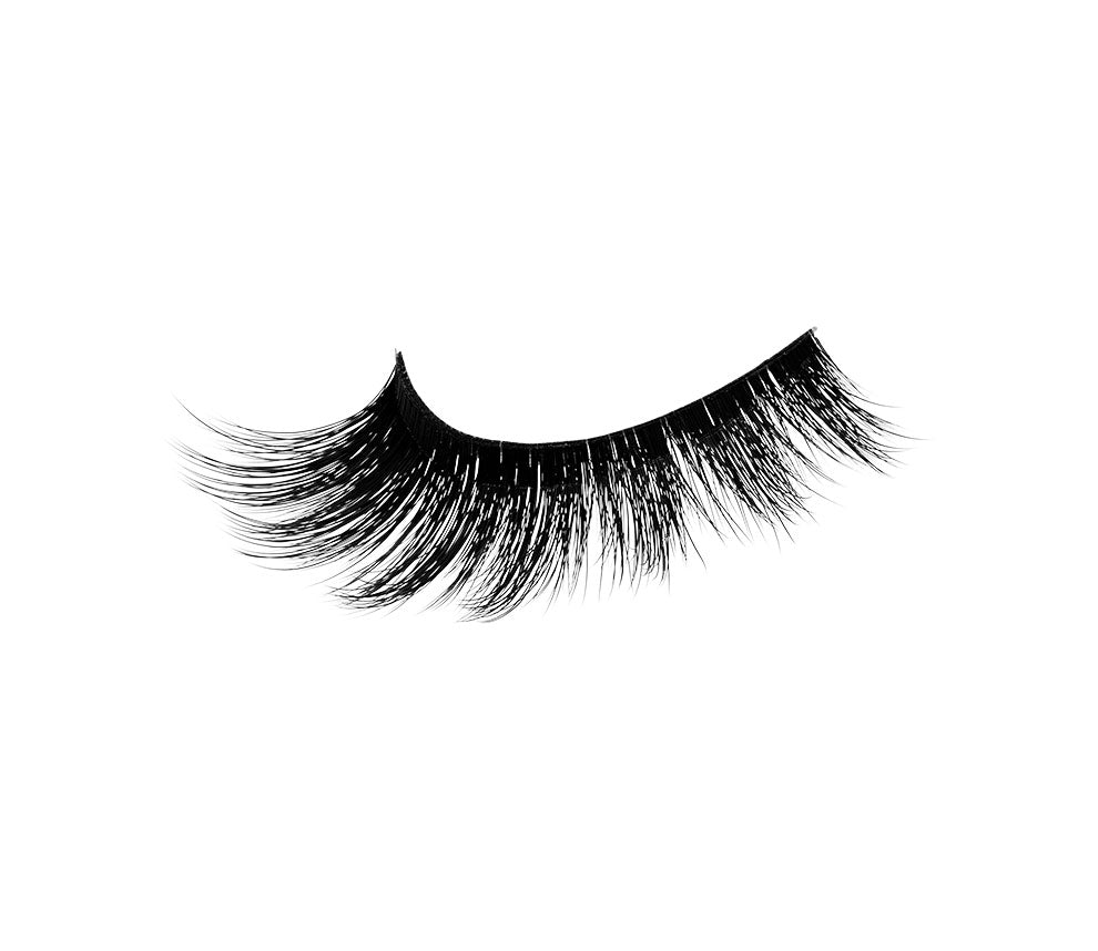 A closeup shot of the right Faux Mink 852 lash by Ardell showing its flared, winged out style