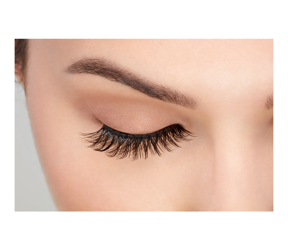 A model with eyes closed wearing the Ardell 3D Faux Mink 853 eyelash showing lash style from a front view