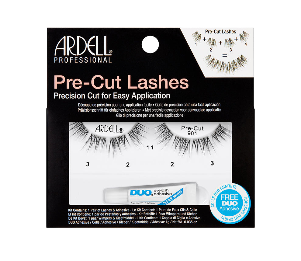 A single pair of Ardell Pre-Cut Lashes 901 placed in retail packaging with DUO adhesive and text written on the box