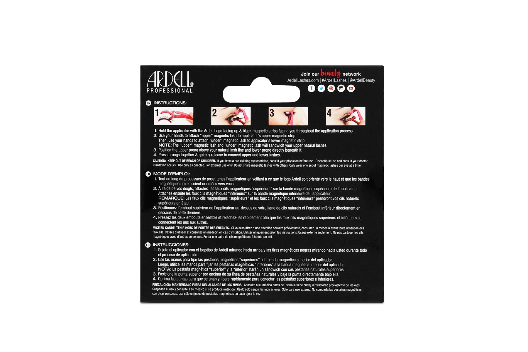 Back of Ardell Magnetic Lash - Double Wispies box with application & removal instructions in English, French, & Spanish