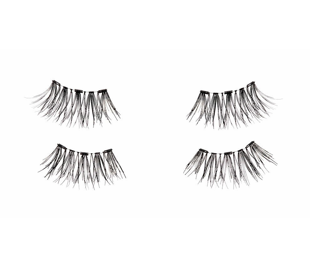 2 upper & lower lash pairs of Ardell Magnetic Accent 002 faux lashes showing tiny magnets & lash fiber clusters.