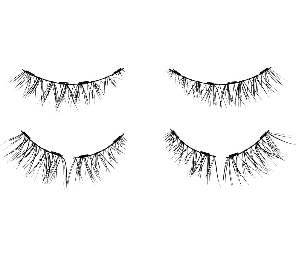 Close up of Ardell Pre-cut Magnetic Demi Wispies faux lashes for the right eye. Shows full upper & pre-cut lower lashes.