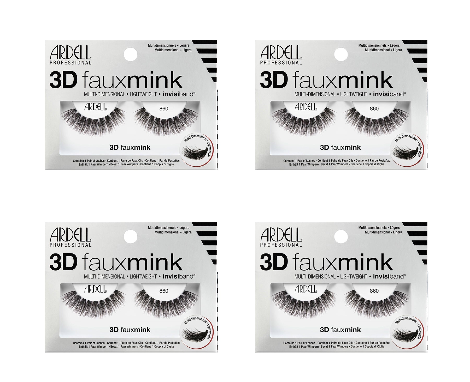 Four packages of Ardell 3D faux mink false eyelashes on a white background