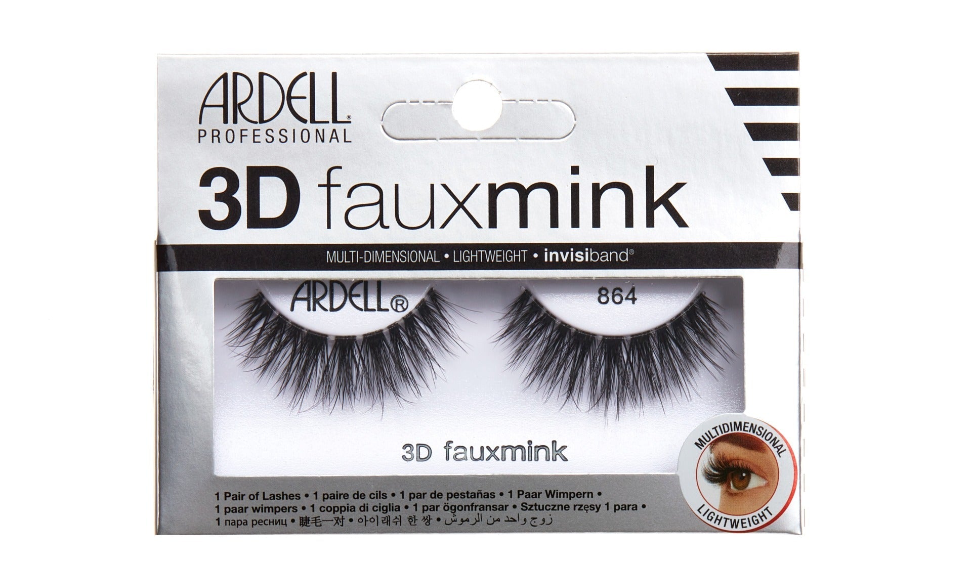 A pair of Ardell 3D Faux Mink 864 was placed into its retail packaging with features written on it