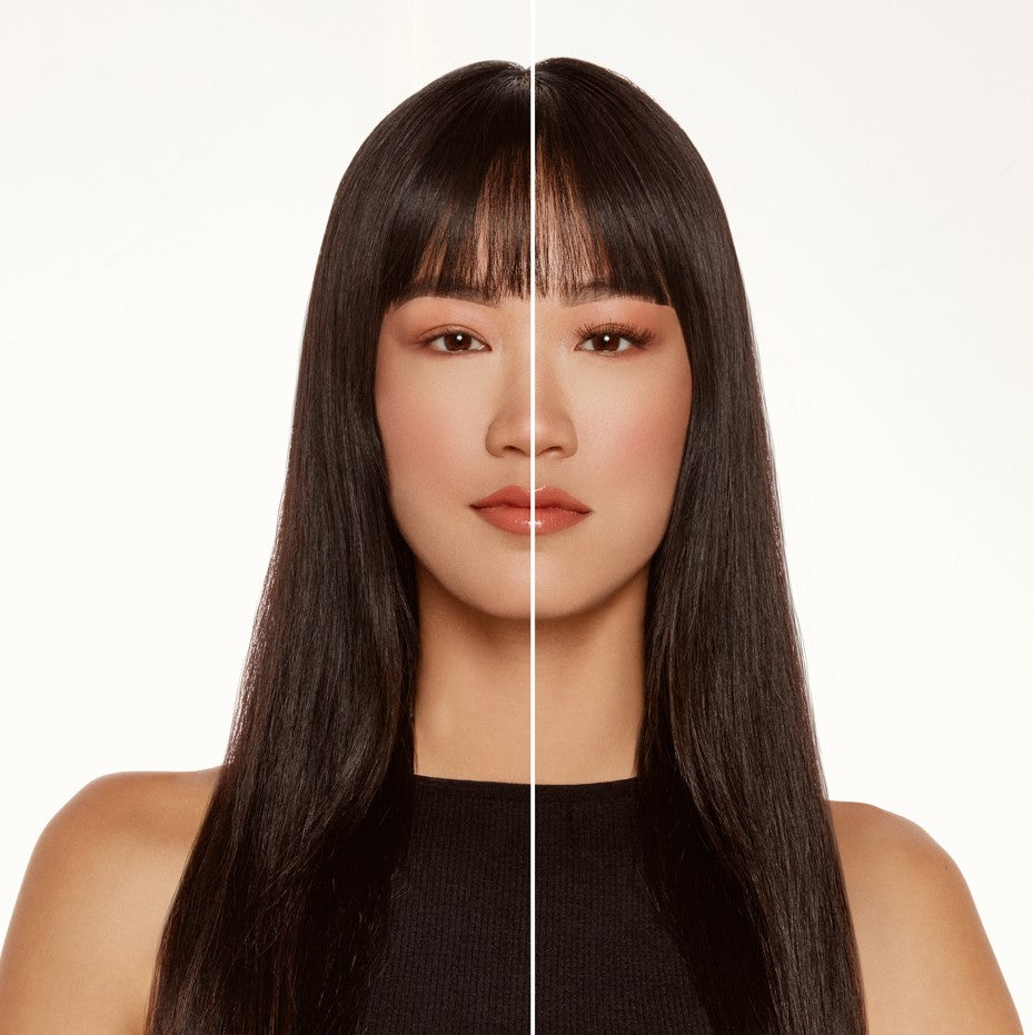 Asian woman showing lash transformation from natural to full lashes using Ardell trios