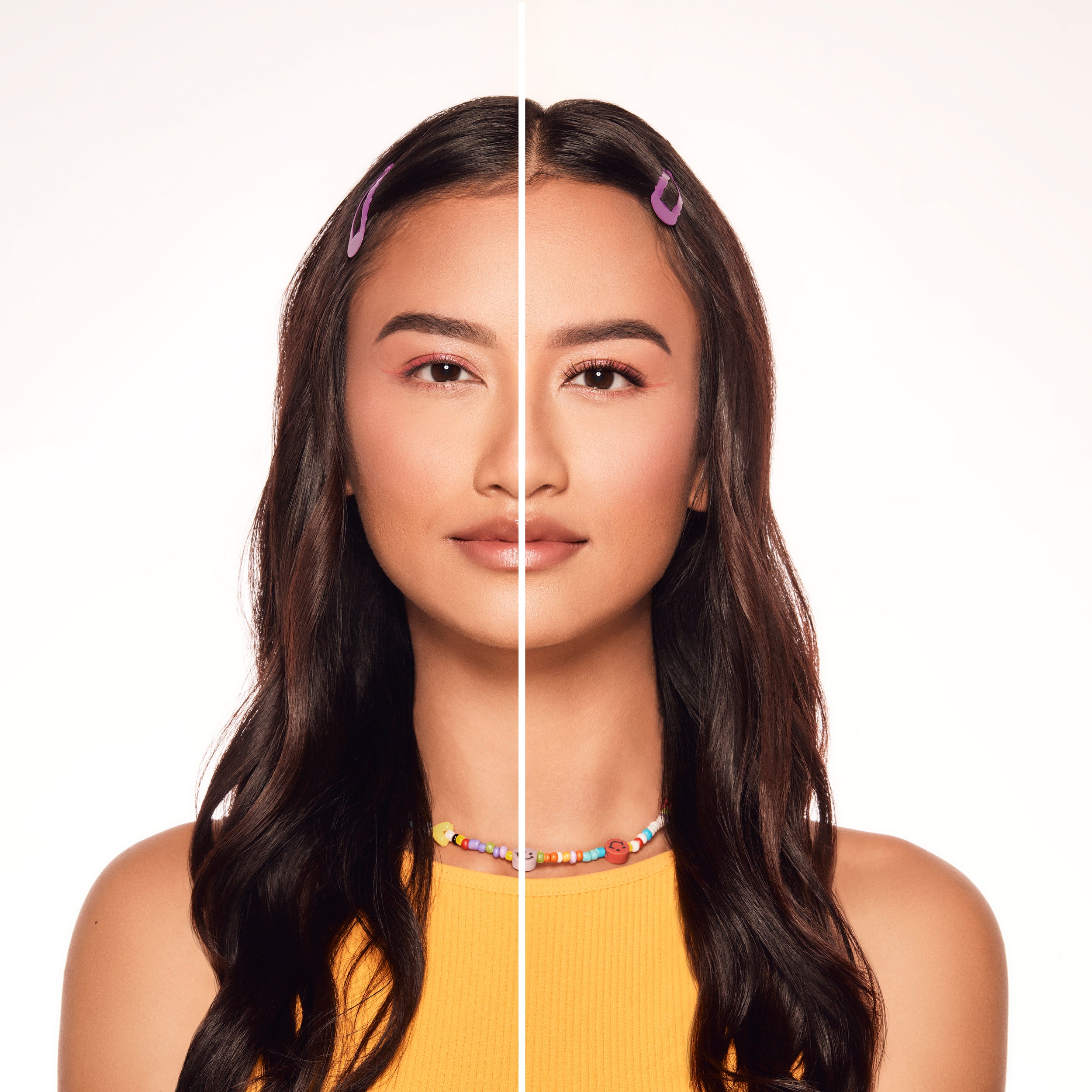 Before and after Winks Press On Natural eyelashes on Model with Almond shaped eyes