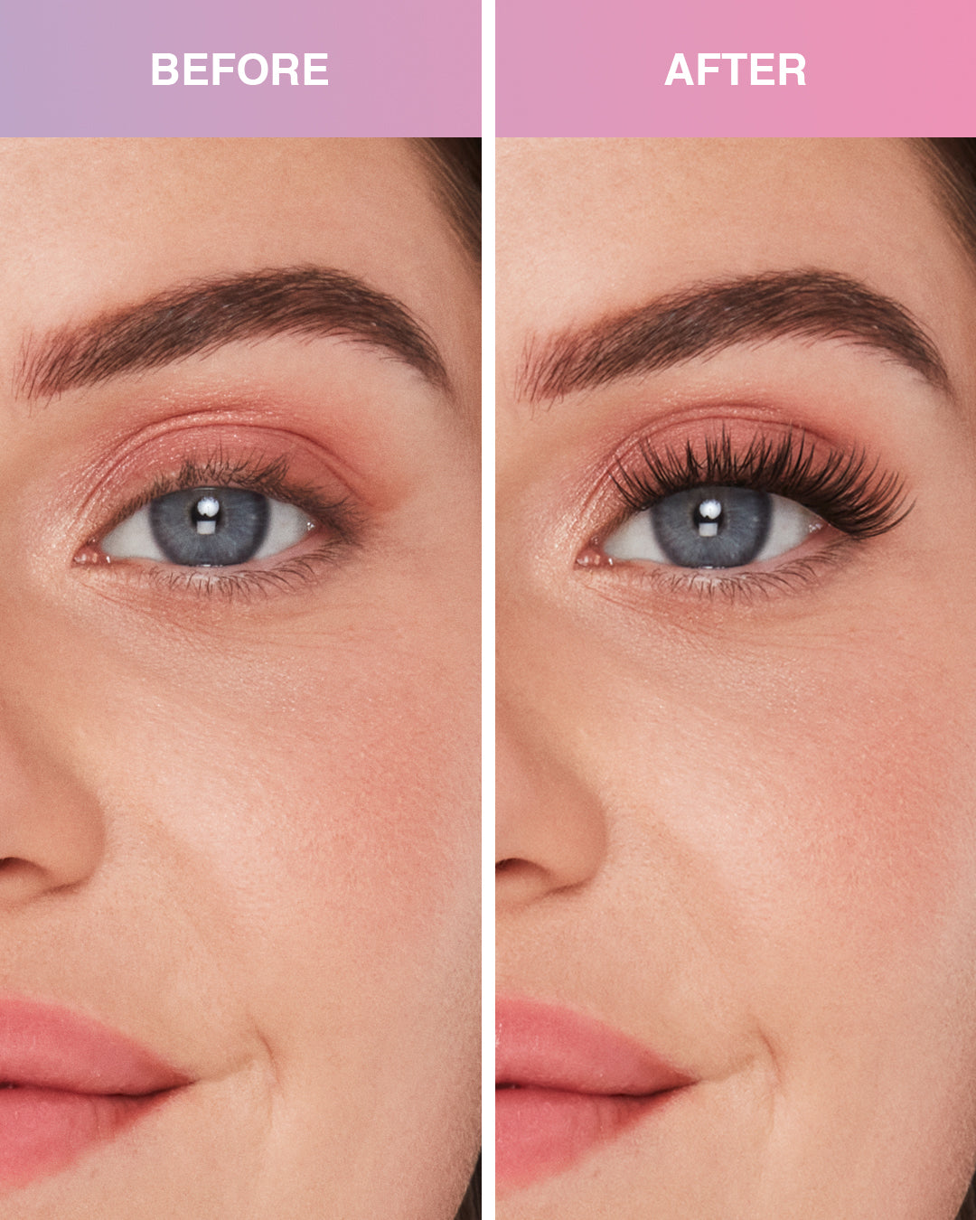 Before and after of Press On Naked Soft Volume eyelashes on Model with Round shaped eyes