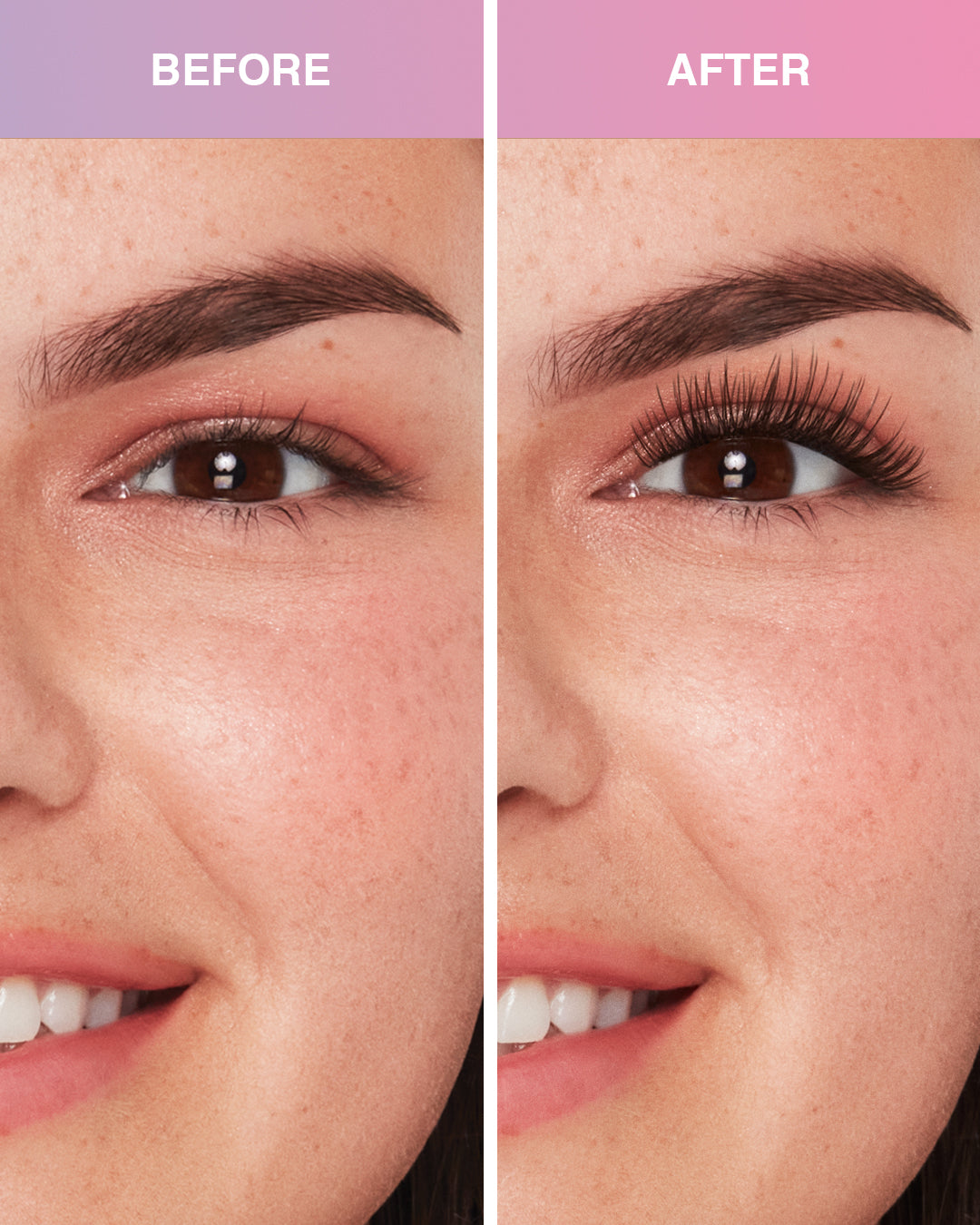 Before and after comparison model using Press On Pre-Glued Underlash Extensions Naked Soft Volume on Almond eyes
