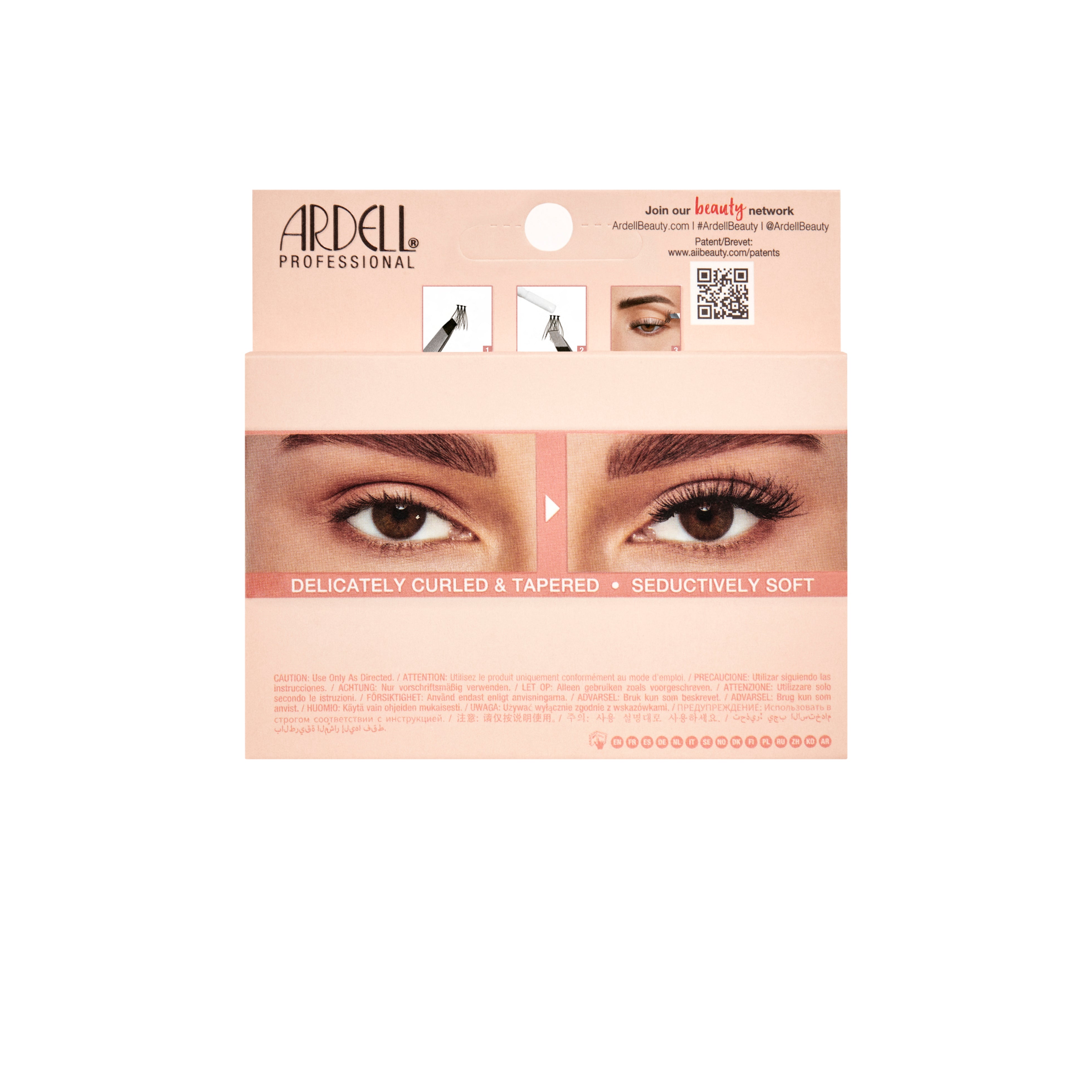 Close-up of Ardell lash packaging back showing before and after lash transformation with delicately curled, tapered, and soft false lashes