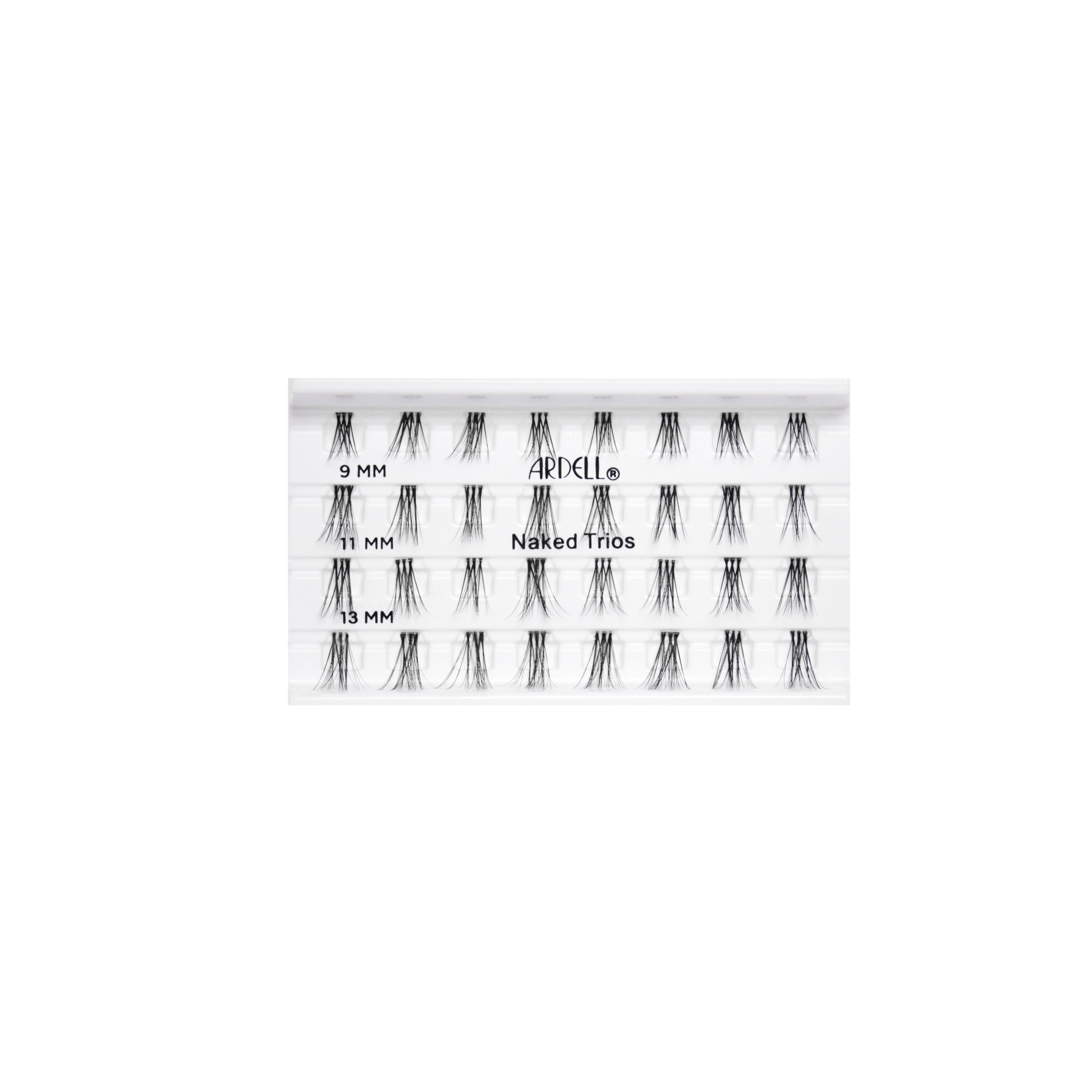 Tray of Ardell Naked Trios individual lashes in 9mm, 11mm, and 13mm lengths, knot-free and natural looking