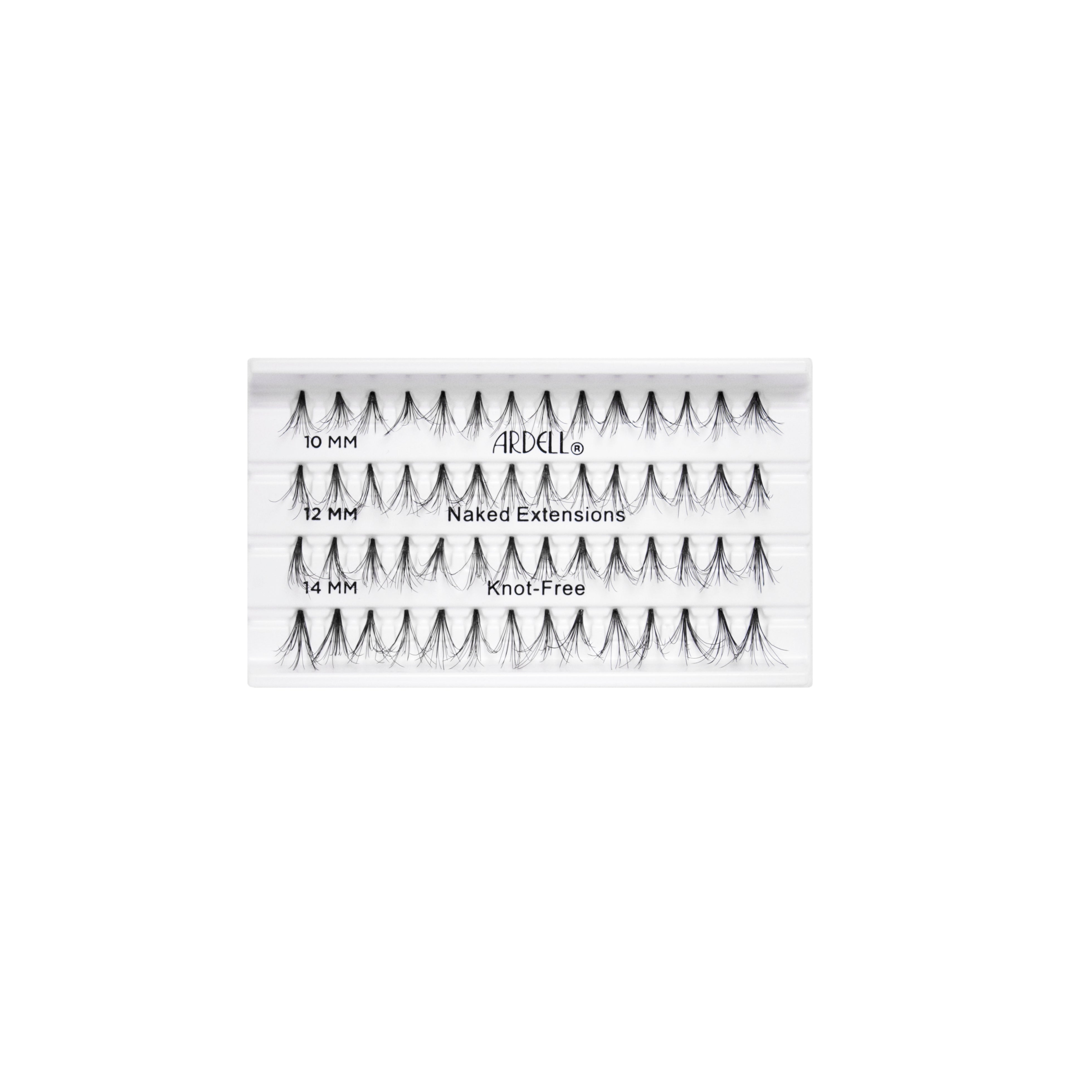 Tray of Ardell Naked Extensions individual lashes in 10mm, 12mm, and 14mm lengths, knot-free and natural looking