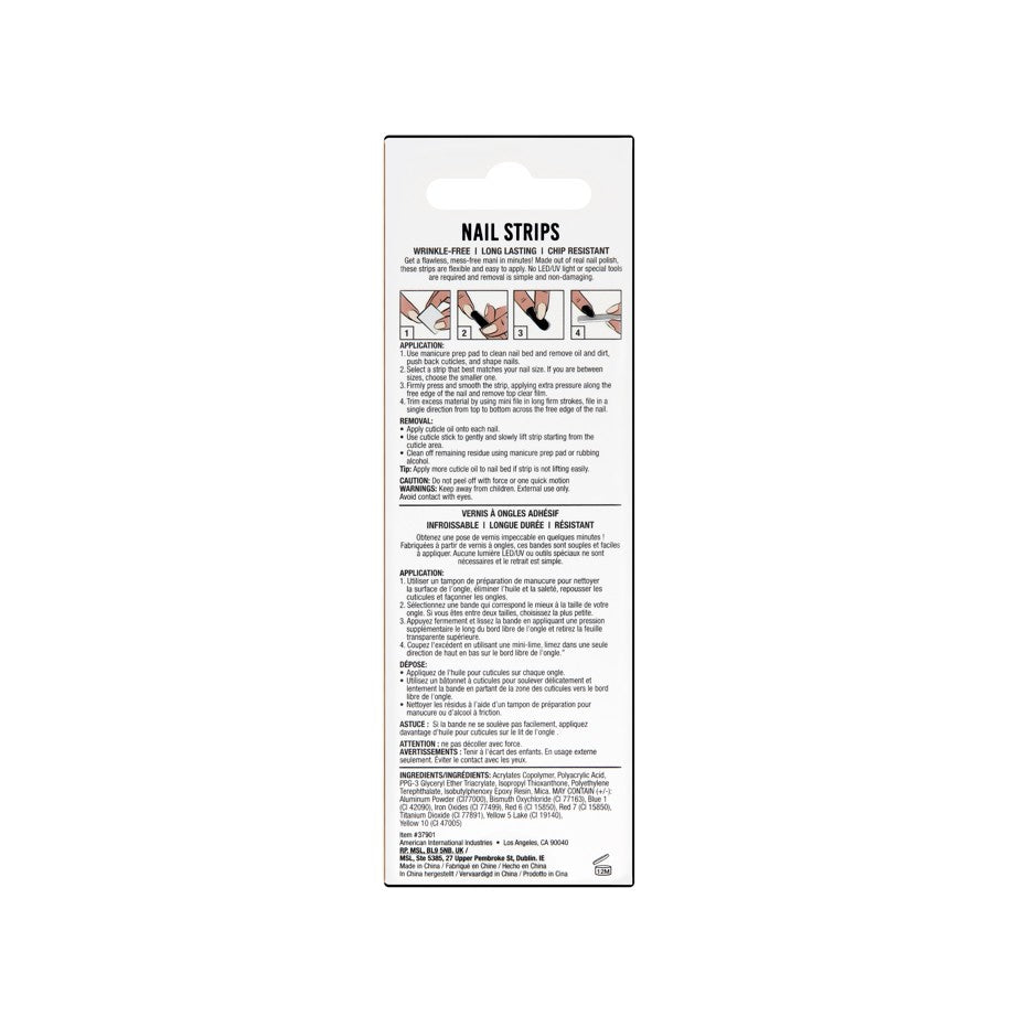 Back of Ardell Nail Strips packaging showing application and removal instructions in English and French.