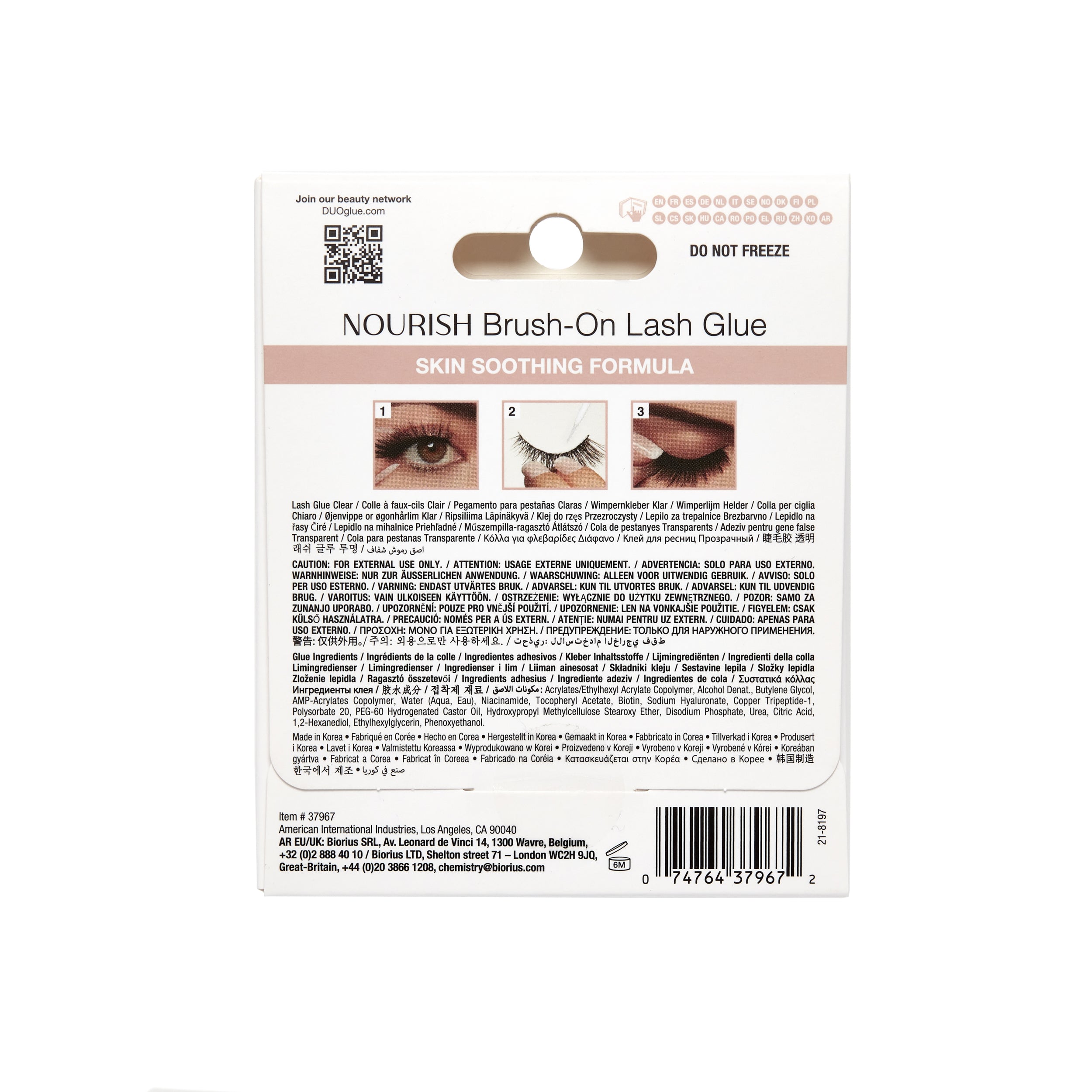 Back side of  Nourish Brush-On Lash Glue Clear on a white background