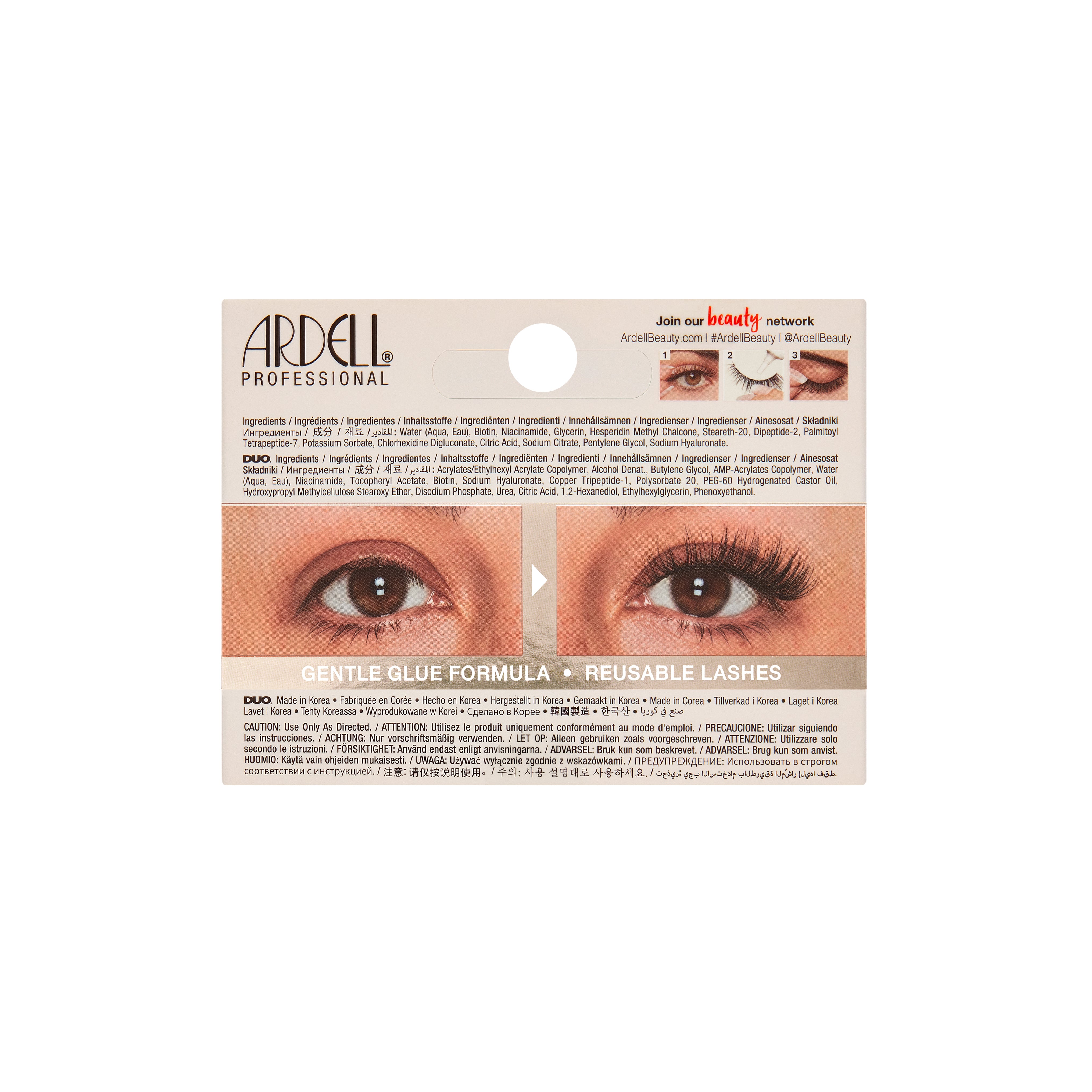 Back side of Nourish Lashes packaging with images of eyes wearing false eyelashes on a white background.