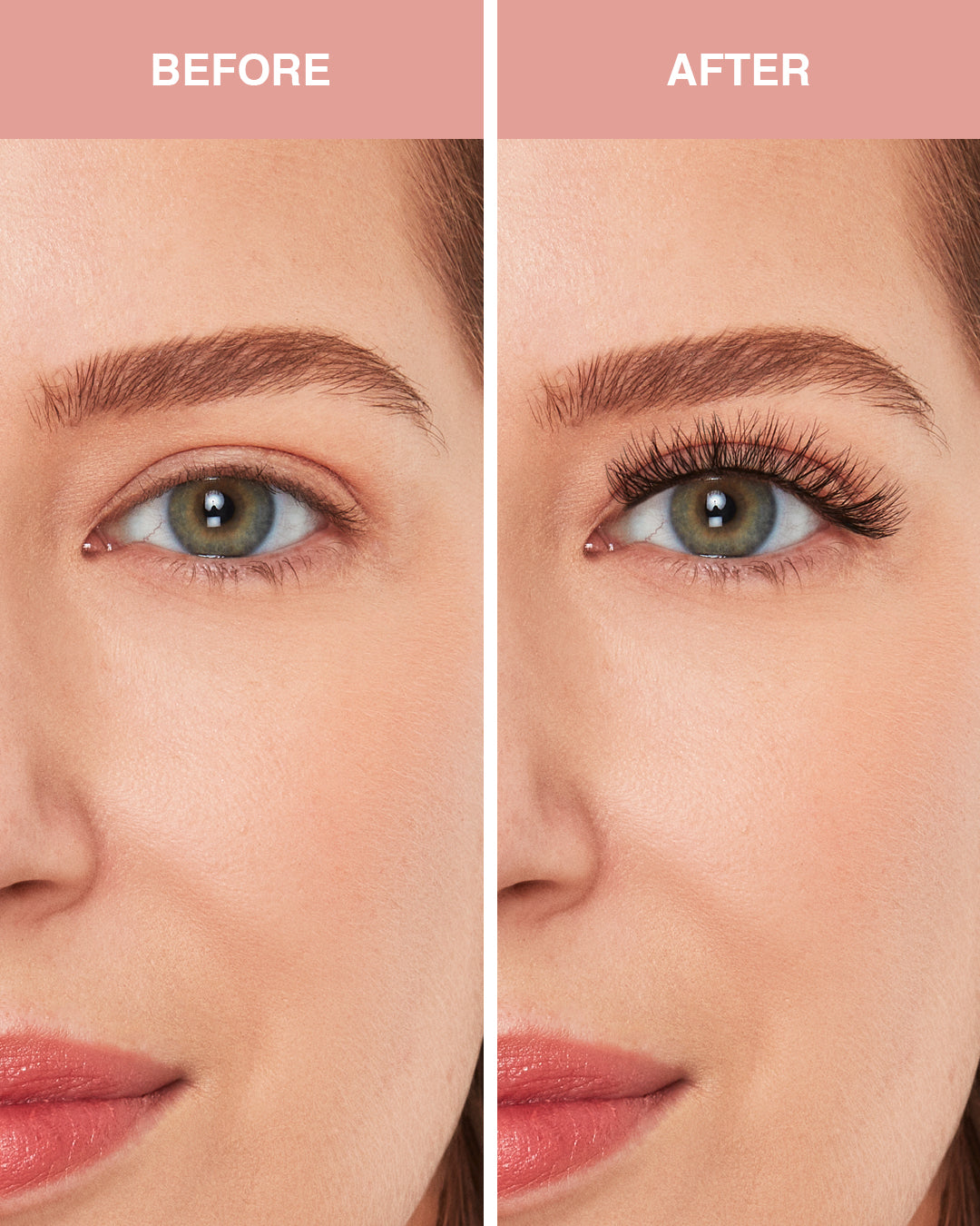 Before and after comparison of a woman's eye makeup with eyelashes.