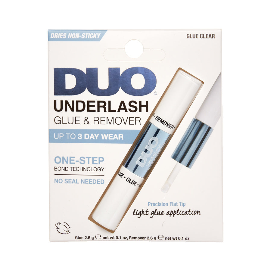 Duo Underlash Glue & Remover in a white retail package with blue and gray text, showing the glue stick and remover applicator.