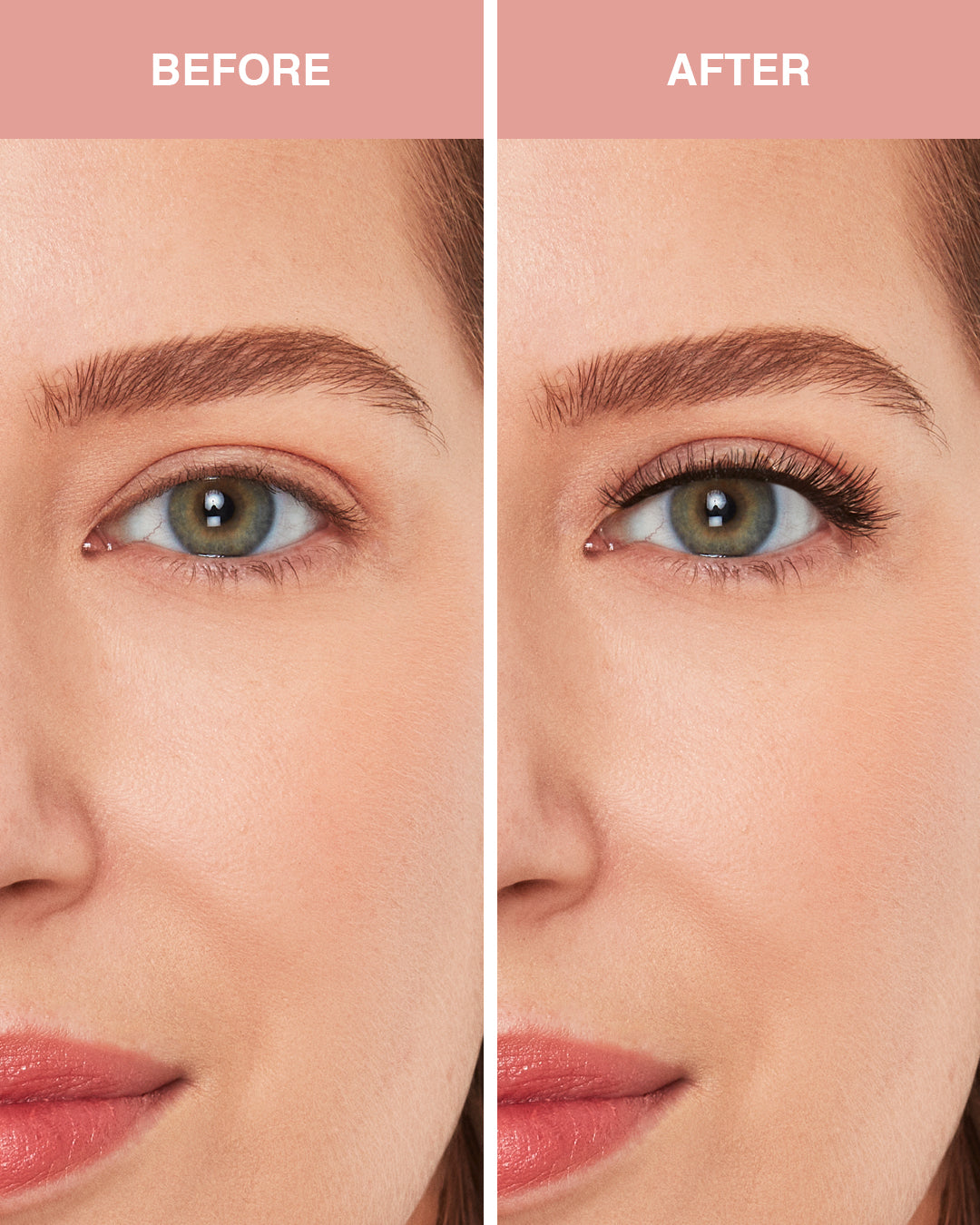 Before and after comparison of a woman's eye makeup with a pink background.