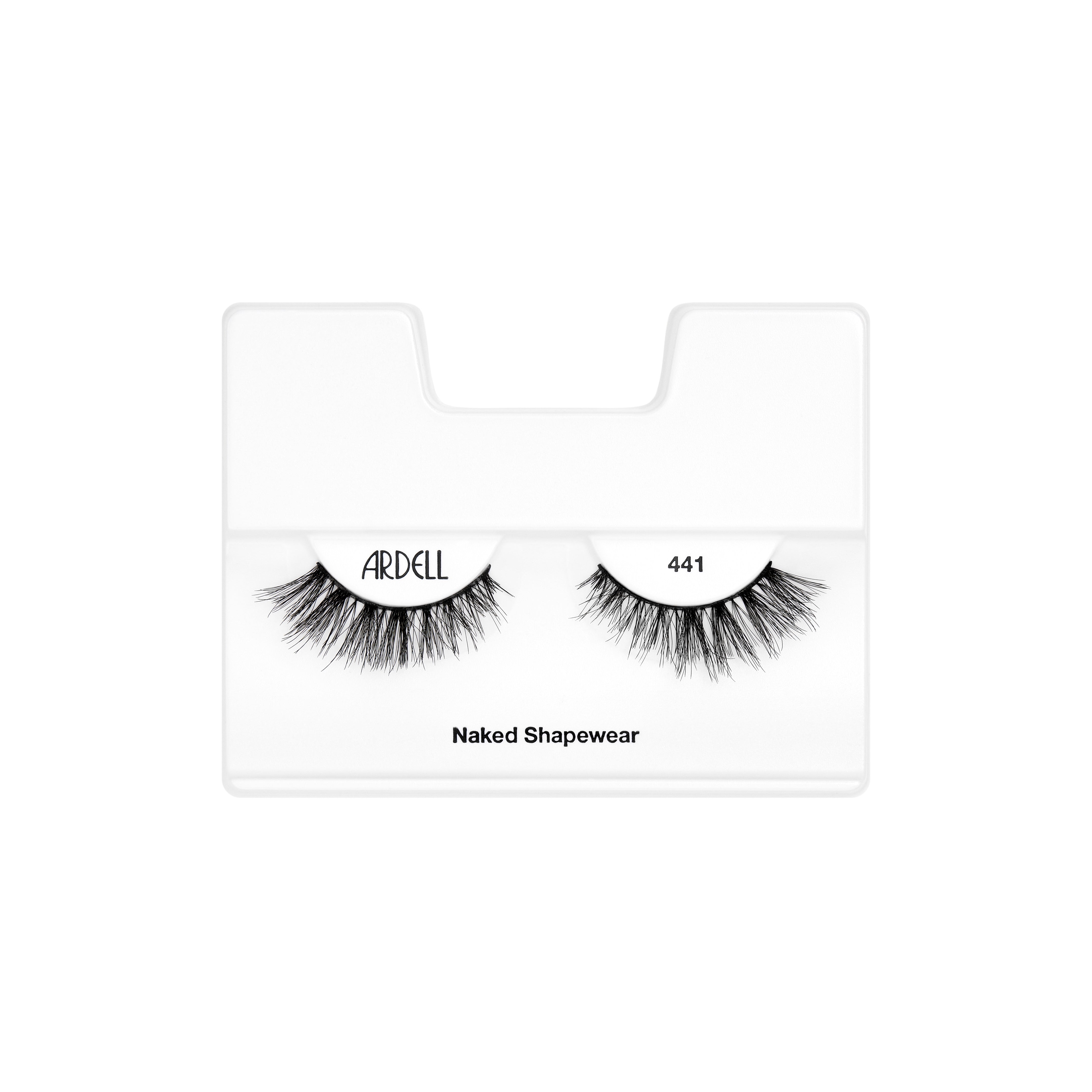 Ardell false eyelashes on a clear card with 'Naked Shapewear' text on a white background