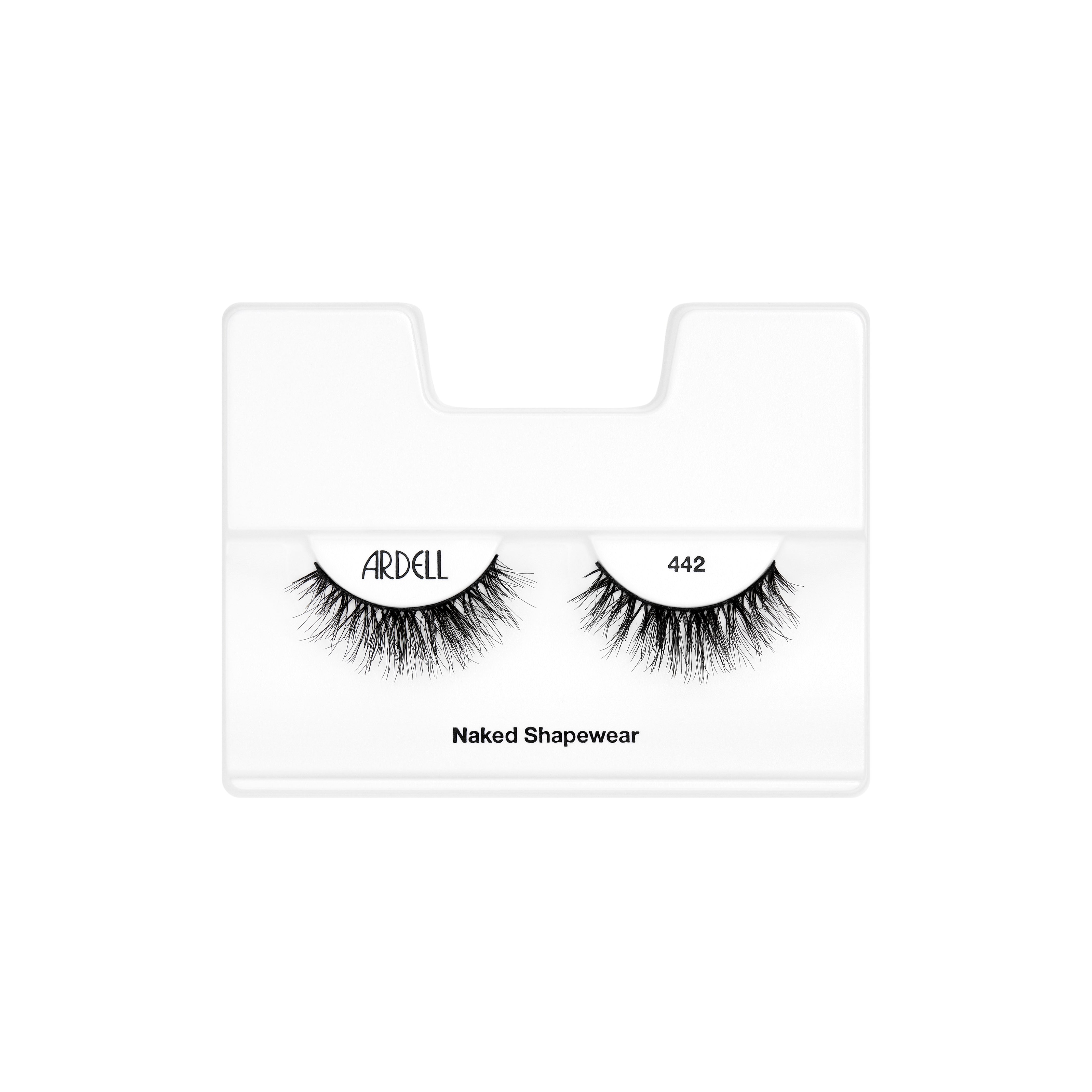Ardell false eyelashes on a clear card with 'Naked Shapewear' text on a white background