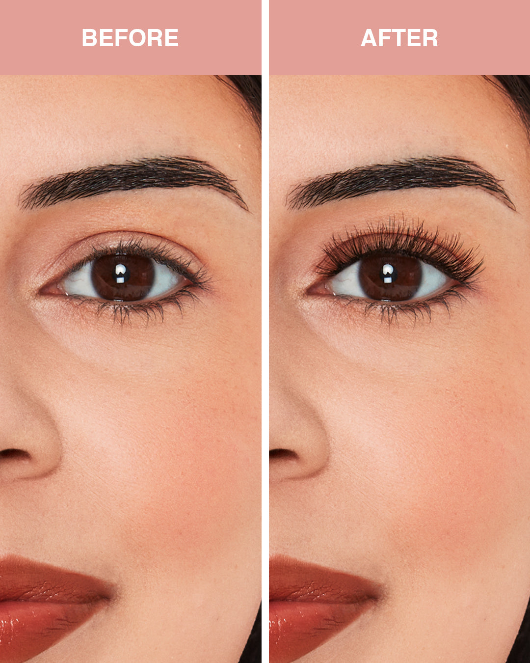 Before and after comparison of a woman's eye makeup with an eyebrow and eyelash enhancement.