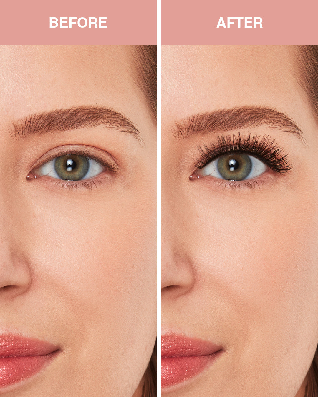 Before and after comparison of eye makeup application on a person's face.