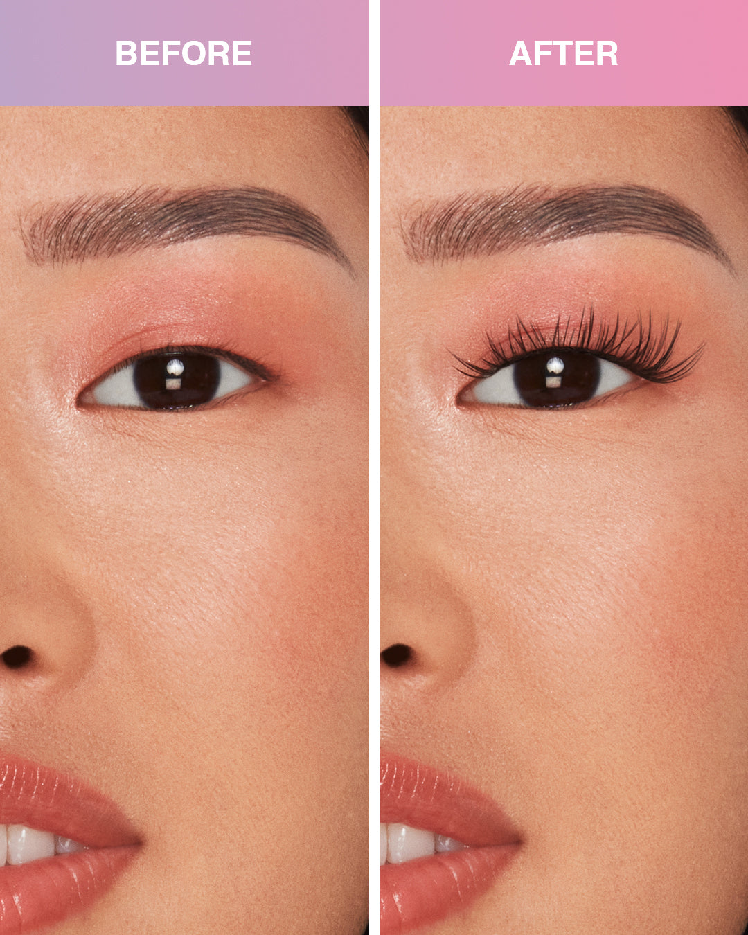 Before and after comparison model using Press On Wispies Natural 30 ct on Monolid eyes