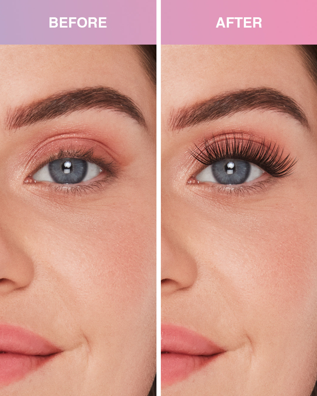 Before and after comparison model using Press On Wispies Natural 30 ct on Round eyes