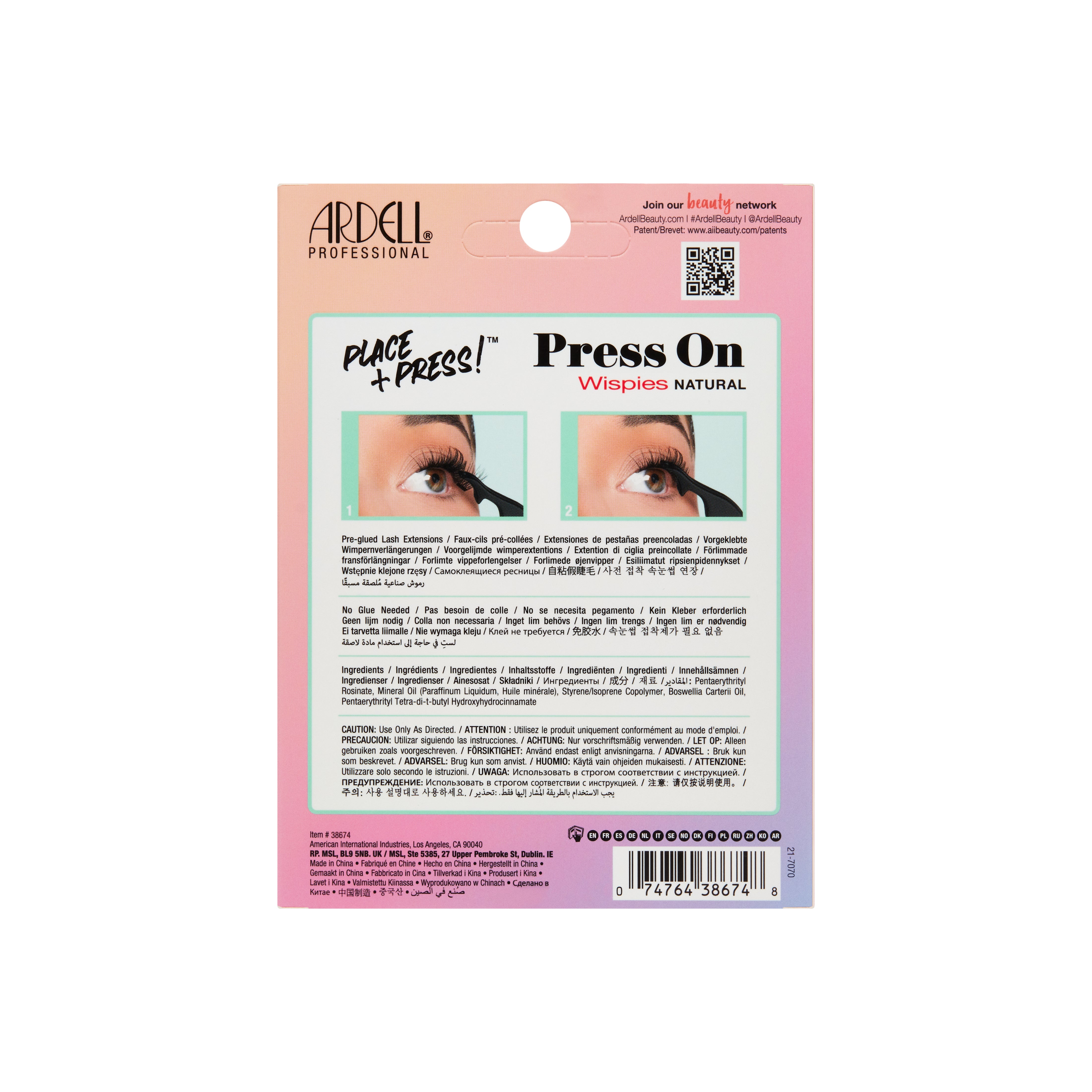 Back of Ardell Press-On Wispies Natural packaging with details and instructions.