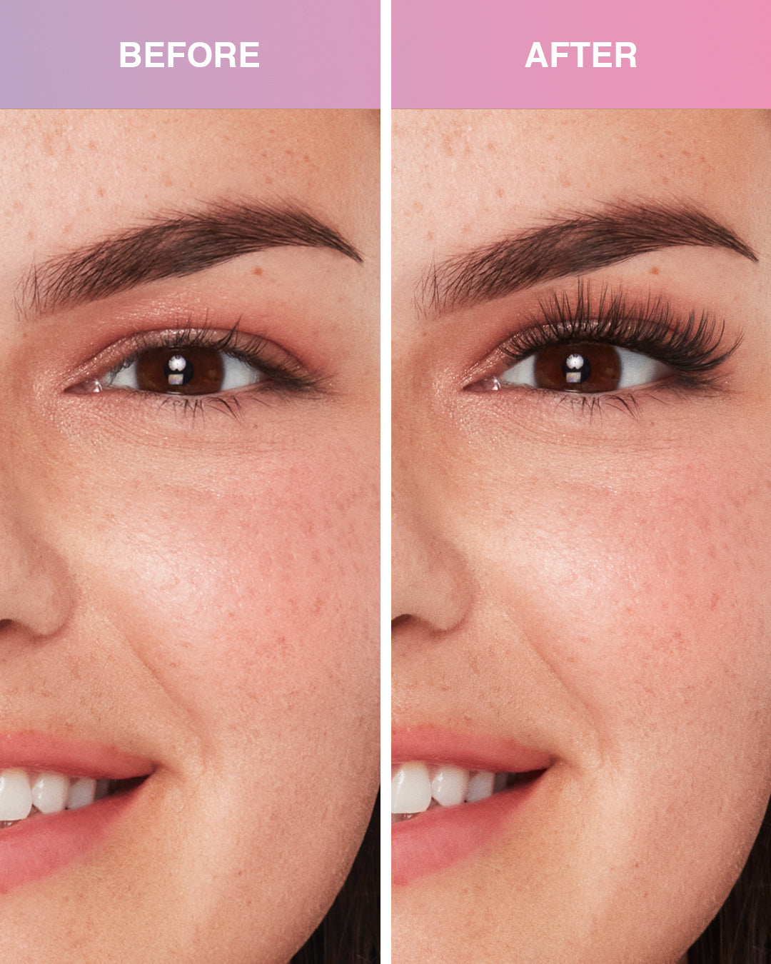 Before and after comparison model using Press On Pre-Glued Underlash
Extensions Wispies on Almond eyes