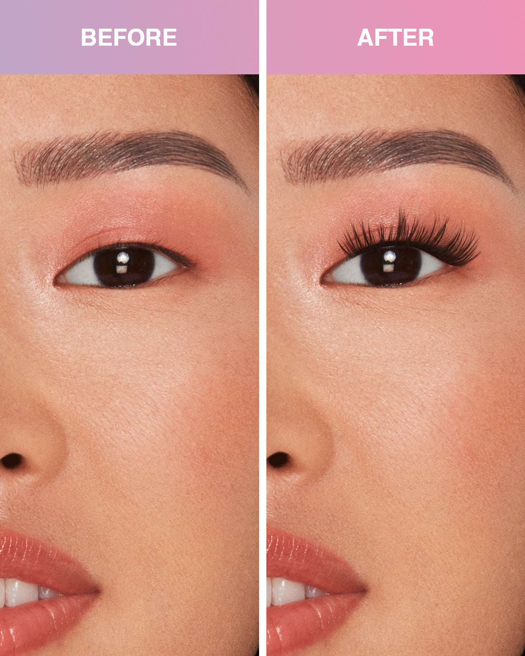 Before and after Press On Fauxmink Natural eyelashes on Model with Monolid shaped eyes